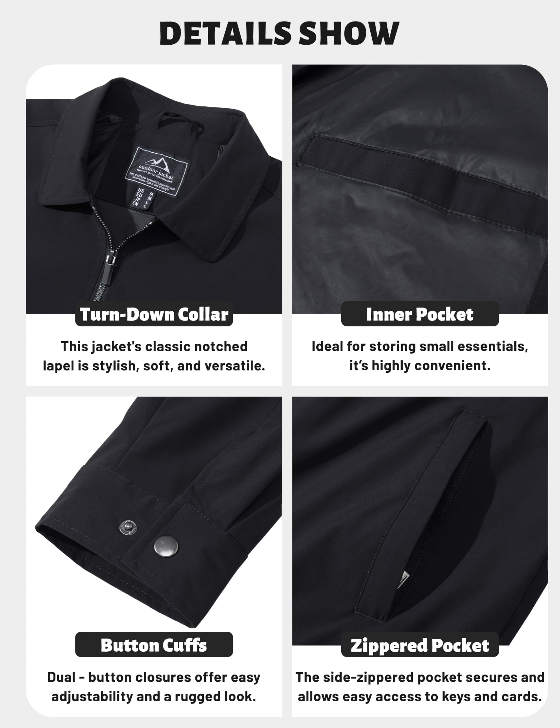 TACVASEN Mens Jacket Lightweight Windbreaker Jacket Business Casual Stylish Zip Up Work Coat for Fall and Spring Black