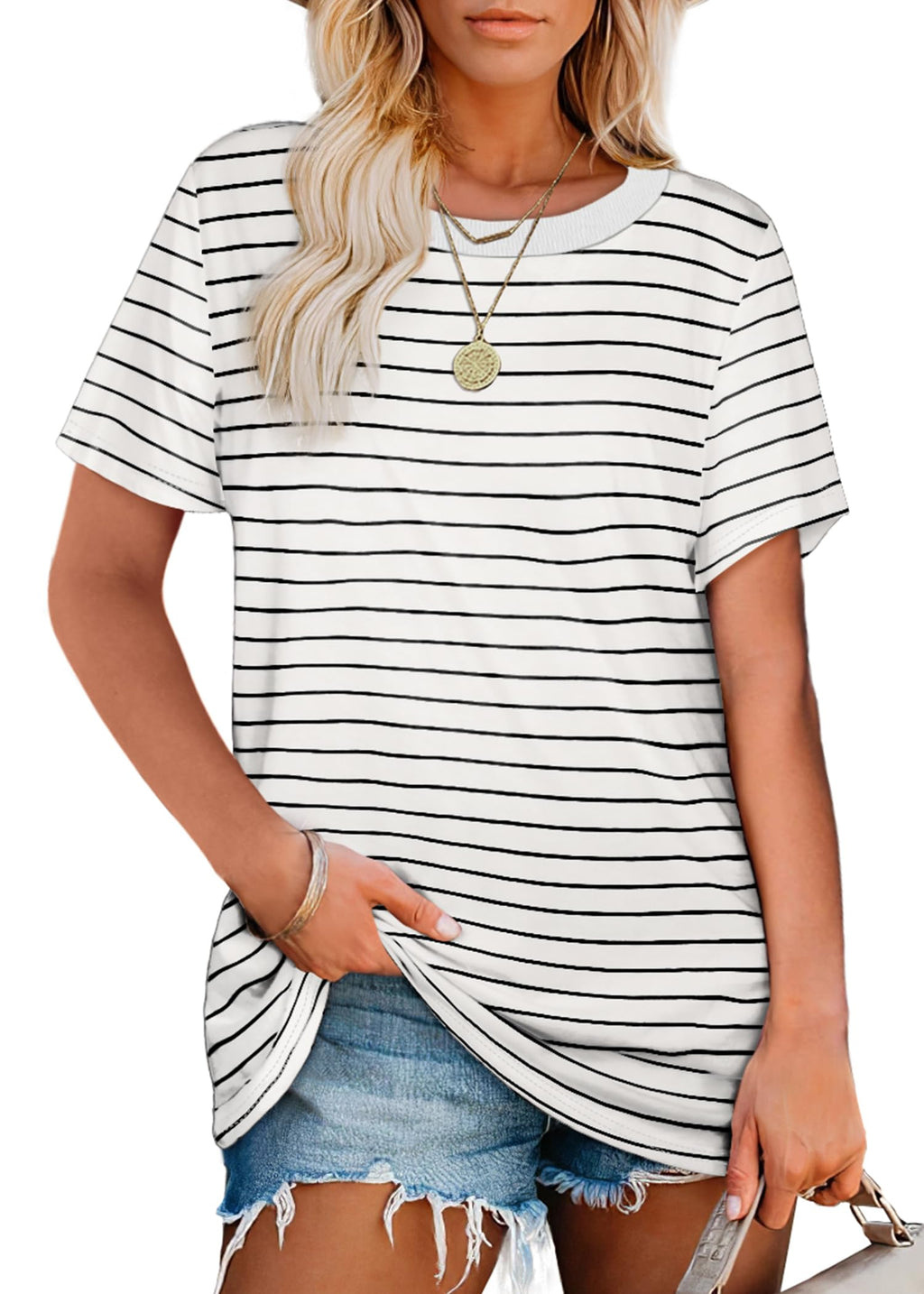 Womens Tops Casual Short Sleeve White Striped T Shirts for Summer M