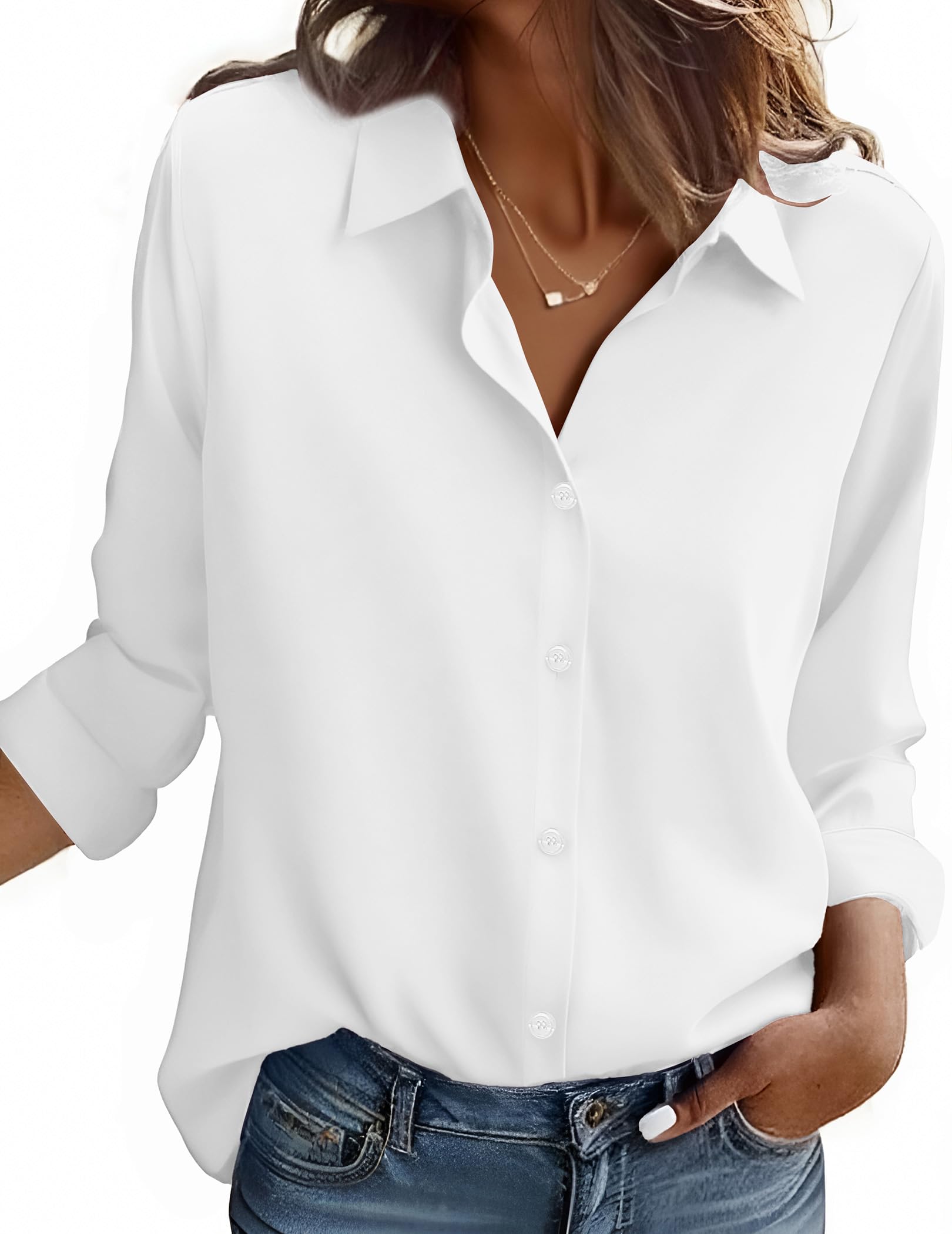 Zeagoo White Blouse for Women Long Sleeve Dress Shirts Collared Tops Casual Work Business Fall Outfits for Women 2025 L