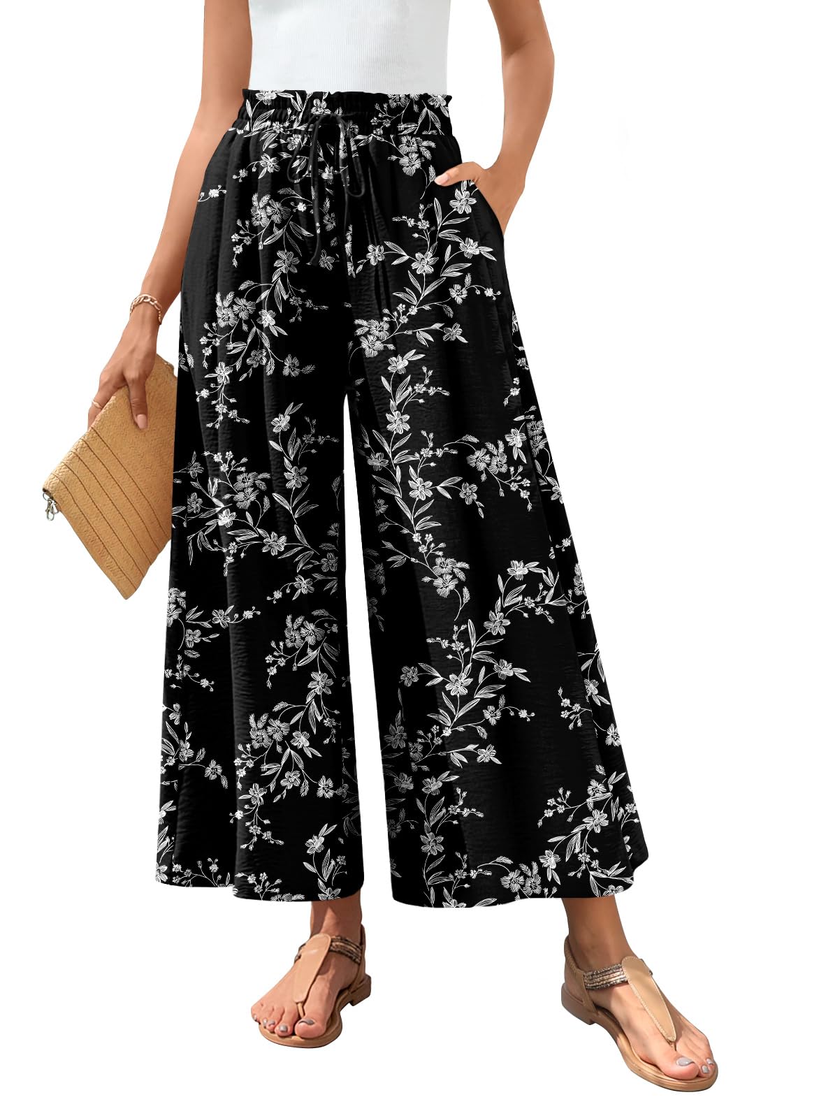 Bestbee Womens Plus Size Palazzo Pants Dressy Casual Wide Leg Slacks Elastic Waist Business Flowy Pants with Pockets, XL, Black-White Flower