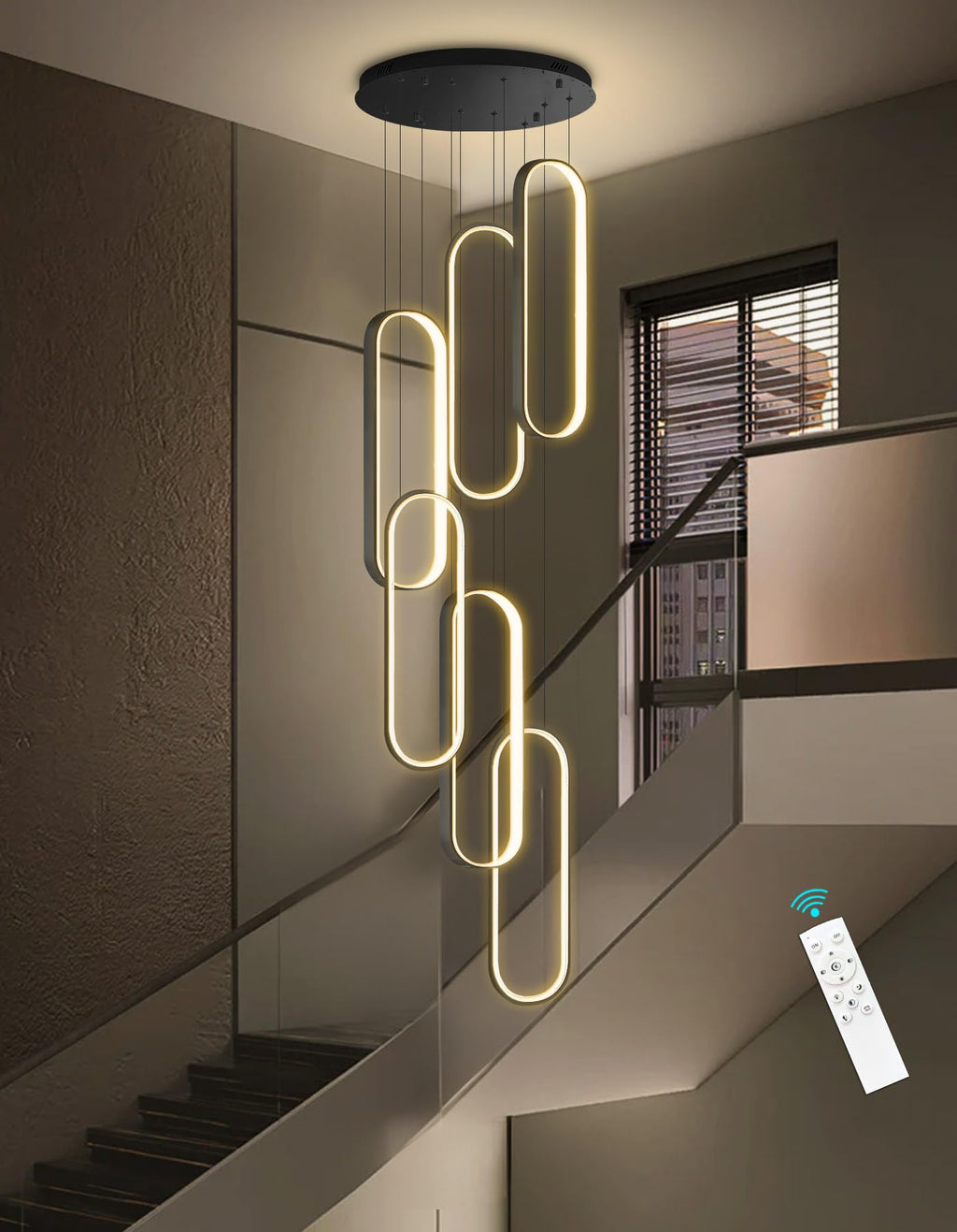 dolria 6 Rings Modern Chandelier LED Dimmable Flush Mount Ceiling Light for Foyer Living Room Staircaes Black