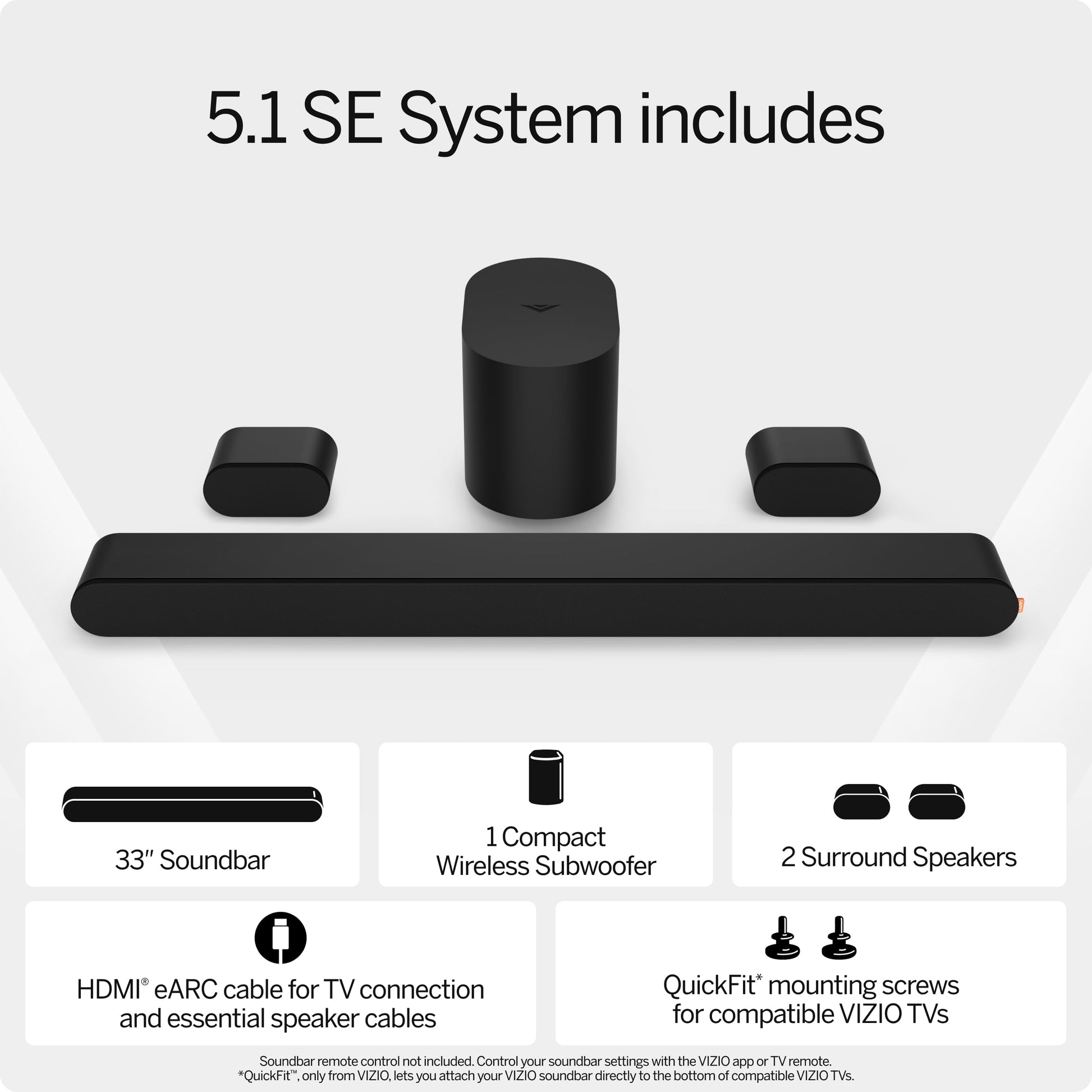 VIZIO 5.1 Soundbar SE, Wireless Subwoofer, Surround Sound w/Dolby Atmos & DTS:X, Bluetooth Speaker, QuickFit™ Compatible – SV510X-08 (New, 2024 Model)