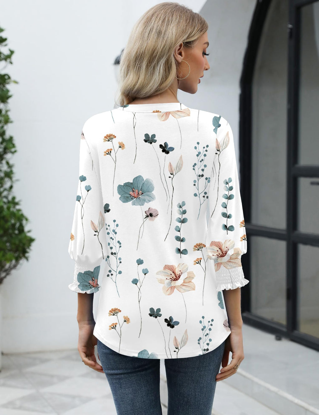 LOMON Womens Business Casual Tops 3/4 Sleeve Shirts for Women Plus Size Summer Outfits V Neck Tunic Blouses White Blue Floral XL