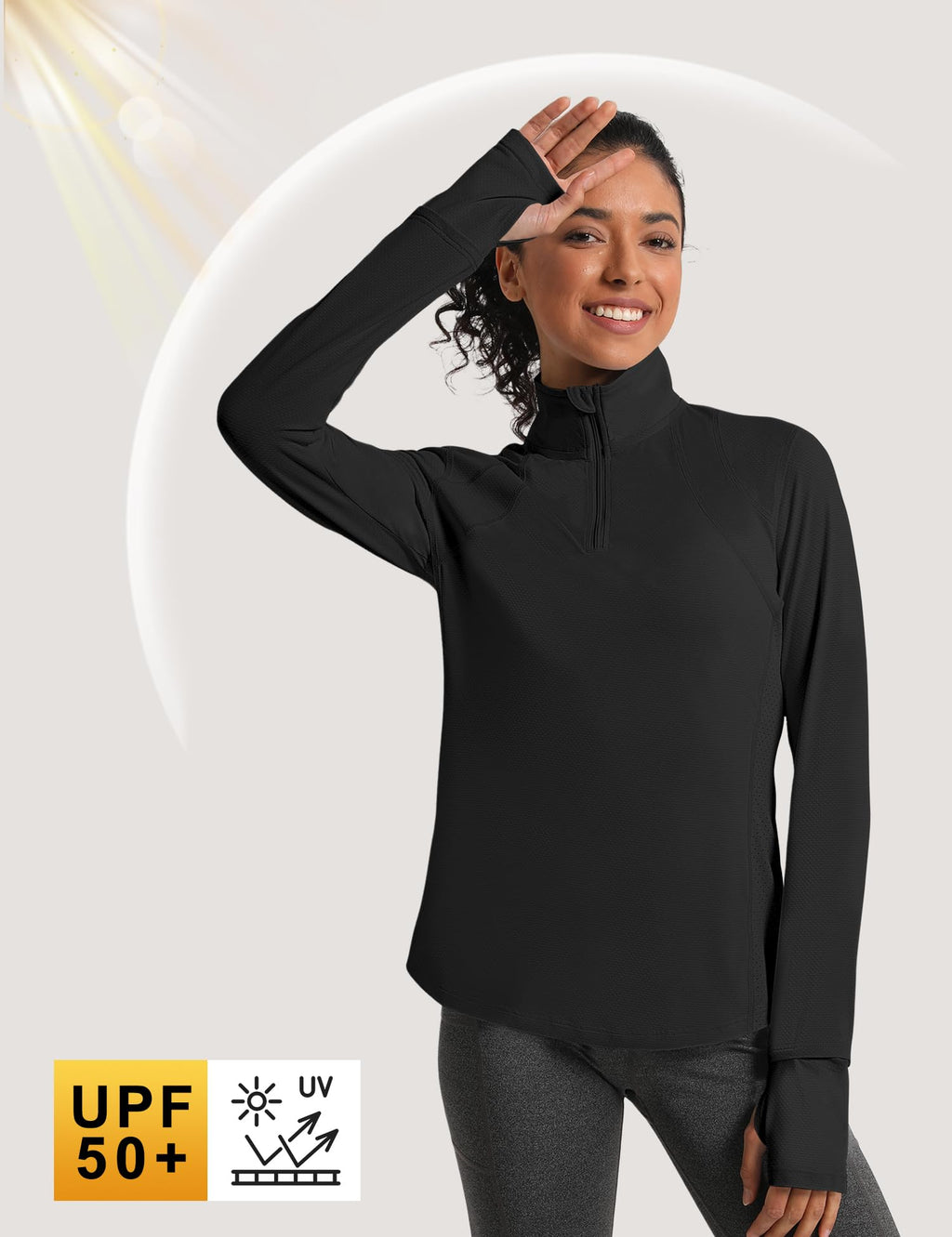 IECCP Womens Long Sleeve Shirts UPF 50+ Sun Protection 1/4 Zip Sun Shirts Summer Quick Dry Workout Golf Tops Quarter Zip Pullover with Thumb Hole (Black,XL)