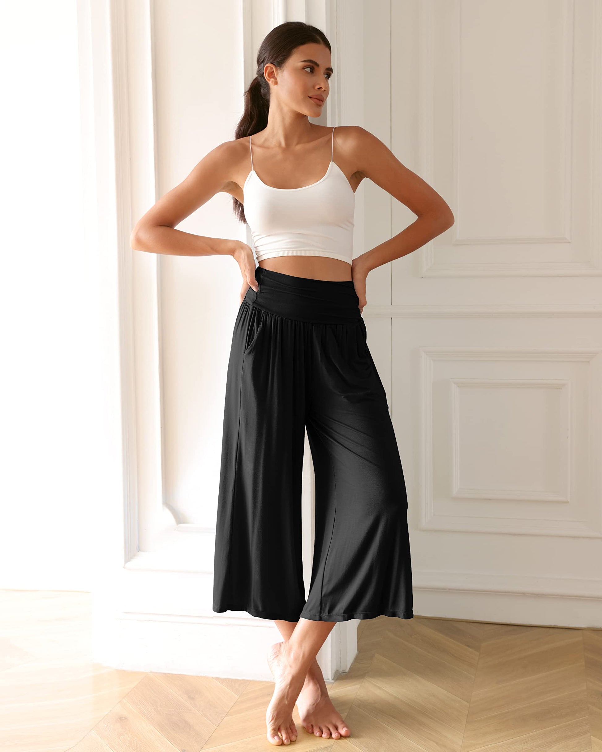 ODODOS Women's Wide Leg Palazzo Lounge Cropped Pants with Pockets Light Weight Comfy Casual Pajama Capri Pants-22 inseam, Black, XX-Large