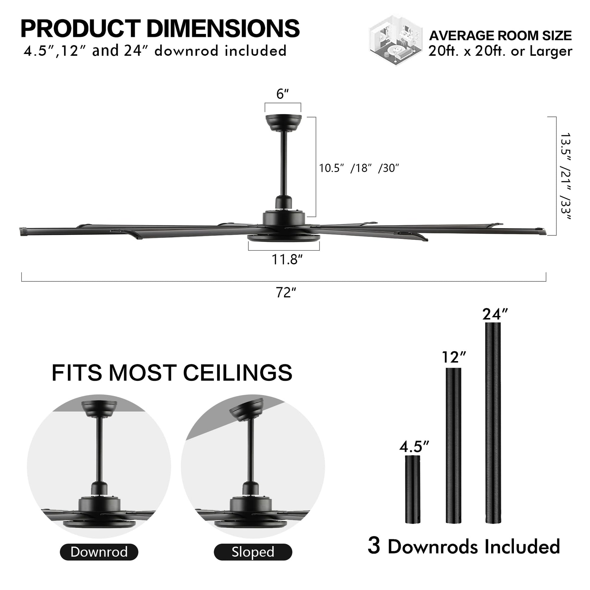 WINGBO 72 Inch Industrial Ceiling Fan with Light and Remote, 8 Aluminum Blades Ceiling Fan, 3CCT, 6-Speed Reversible Noiseless DC Motor for Kitchen Bedroom Living Room, Matte Black