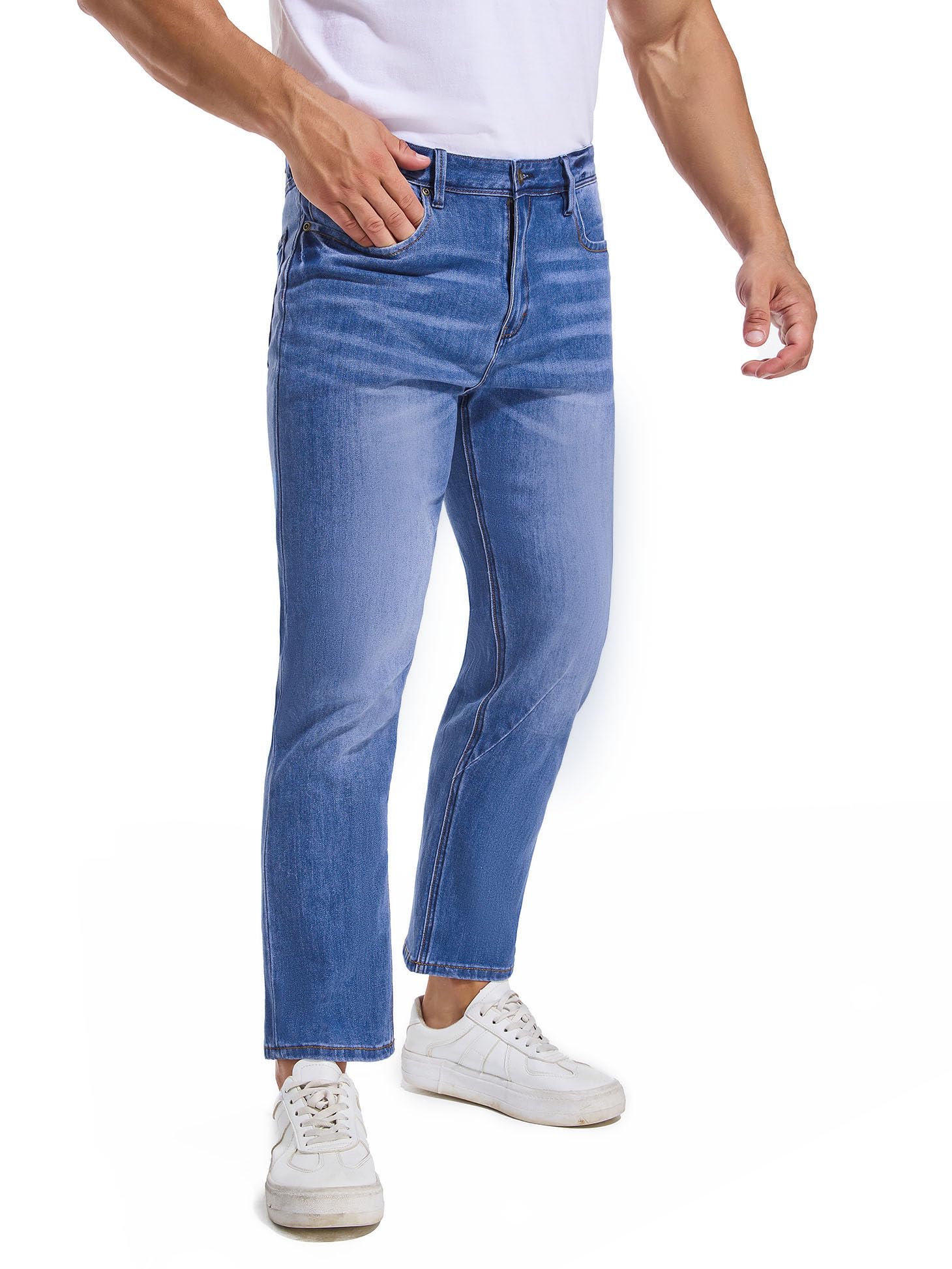 AbleTree Jeans for Short Men 27" Original Straight Taper Fit Short Length Casual Stretch Denim Pants AT01 Medium Blue