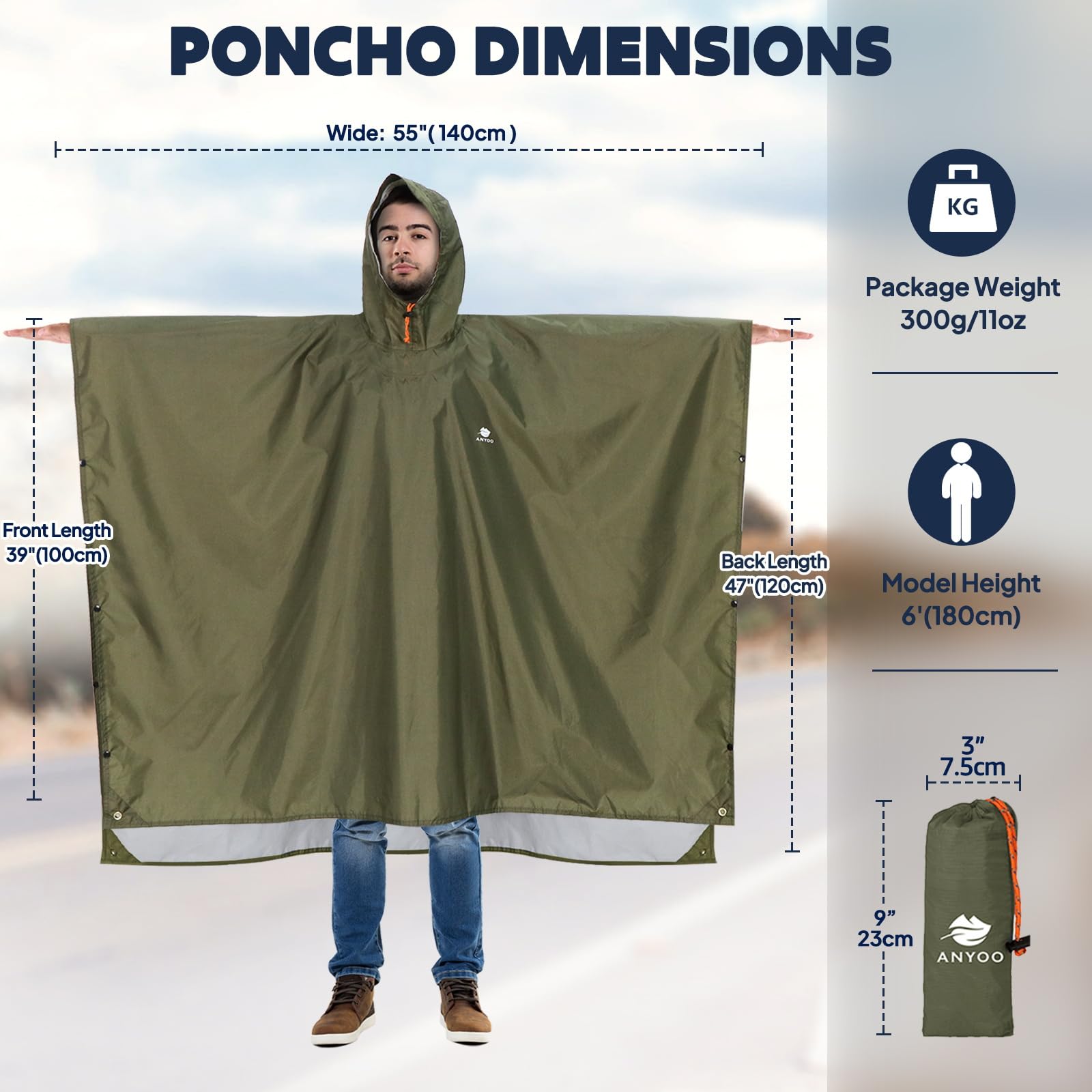 ANYOO Hooded Rain Poncho for Adults Waterproof Lightweight Rain Coats for Men Women Reusable Rain Jacket for Emergency Camping Outdoor Activities(Army Green) One Size
