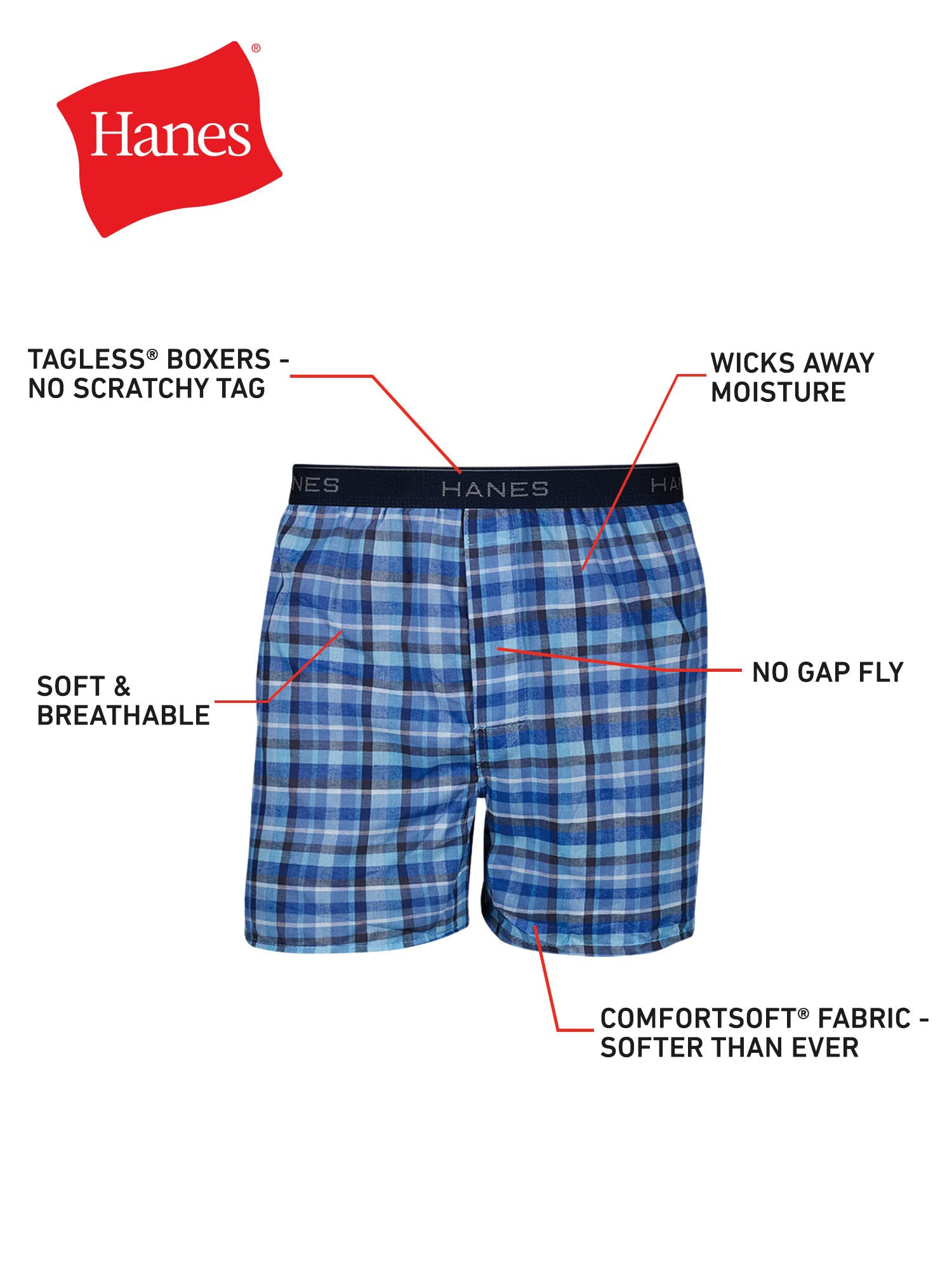 Hanes Men's Tagless Boxer With Exposed Waistband Multi-Packs, 6 Pack - Assorted, Large
