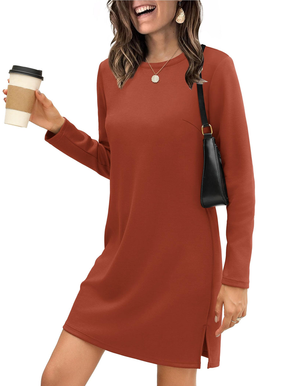 SAMPEEL Fall Dresses for Women 2025 Casual Long Sleeve Sweater Dress Fashion Travel Outfits Clothes M Caramel