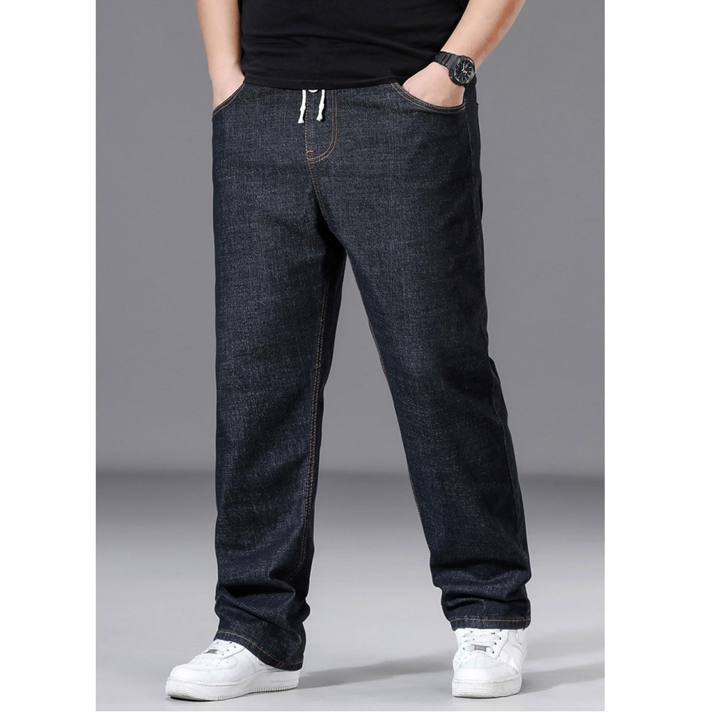 Plus Size Baggy Jeans for Men Elastic Waist Pull On Denim Pants Drawstring Straight Loose Jean Sweatpants L-5XL Black