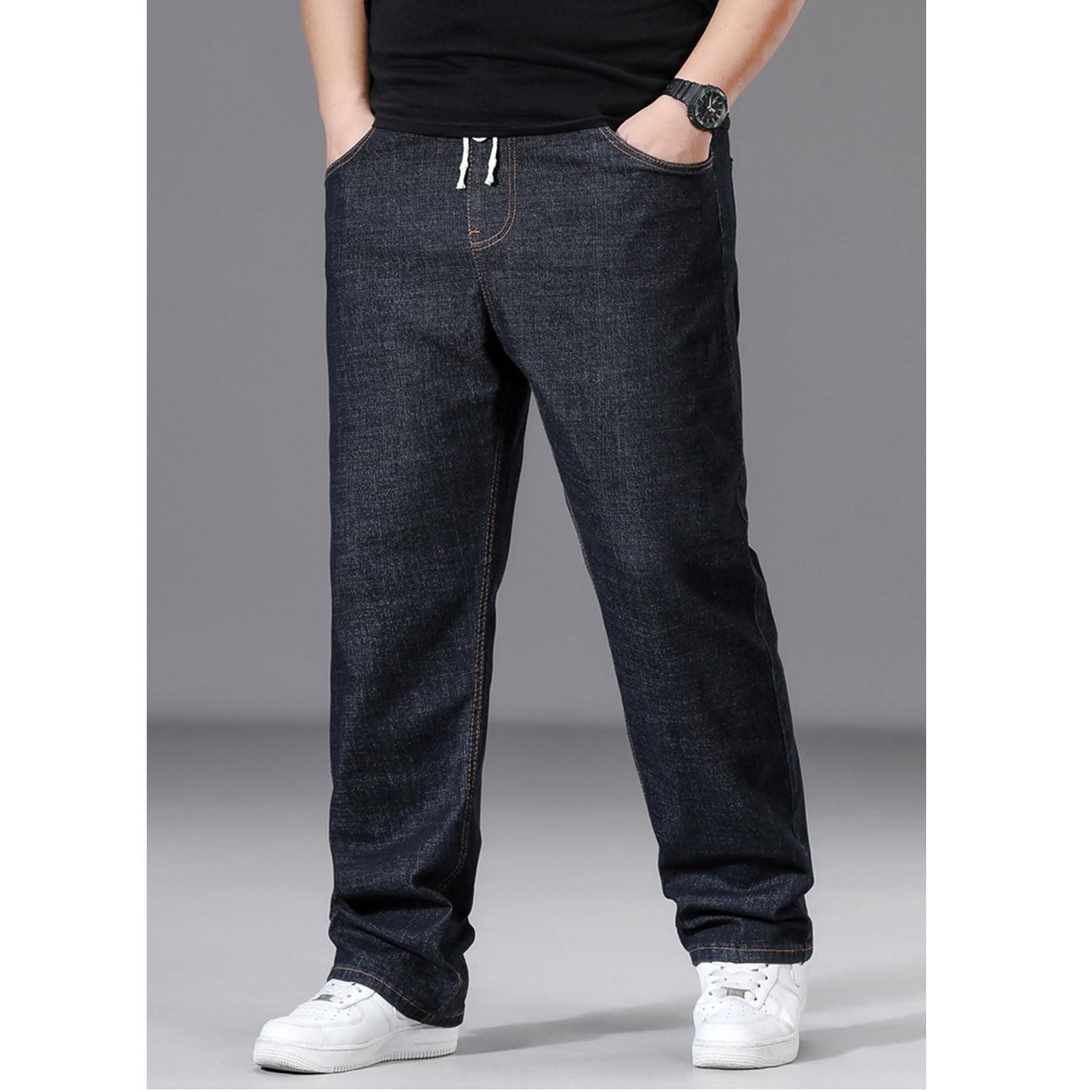 Plus Size Baggy Jeans for Men Elastic Waist Pull On Denim Pants Drawstring Straight Loose Jean Sweatpants L-5XL Black