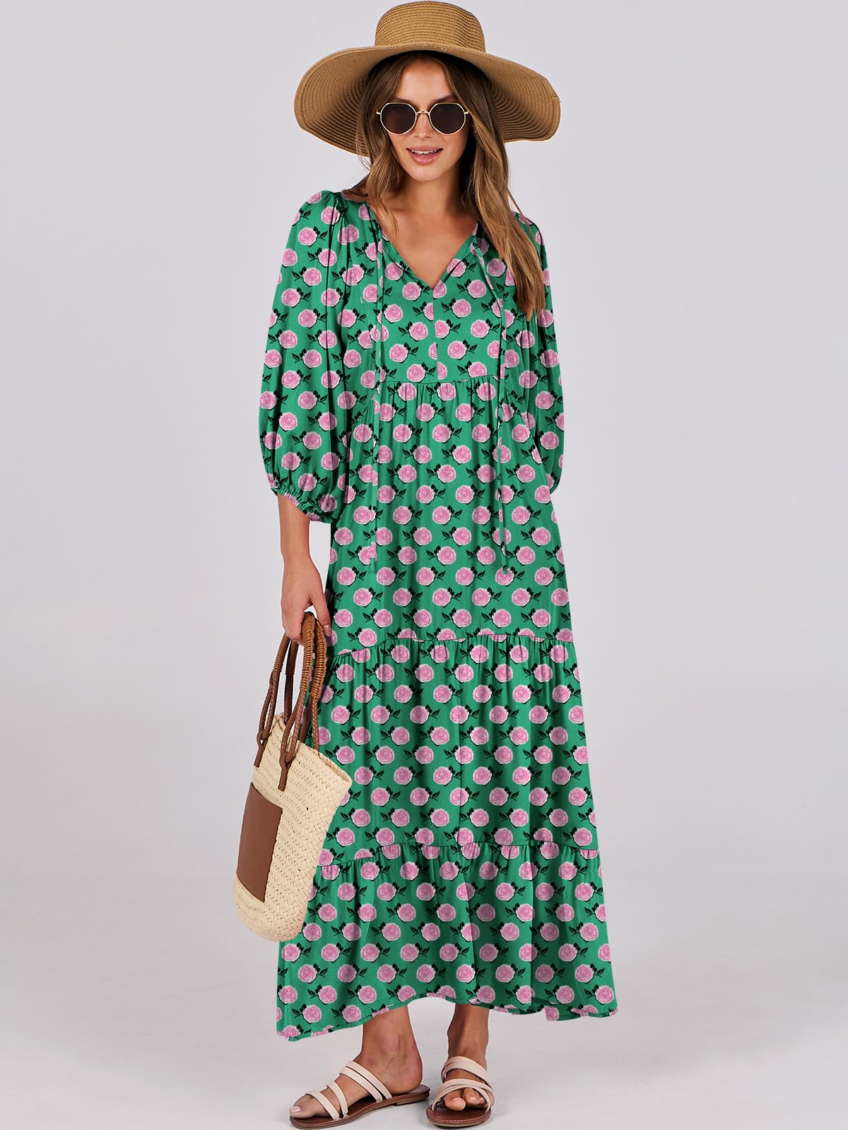 ANRABESS Womens Boho Maxi Dresses 2025 Summer V Neck Puff Sleeve Floral Flowy Swing Fall Casual Long Dress Green Small