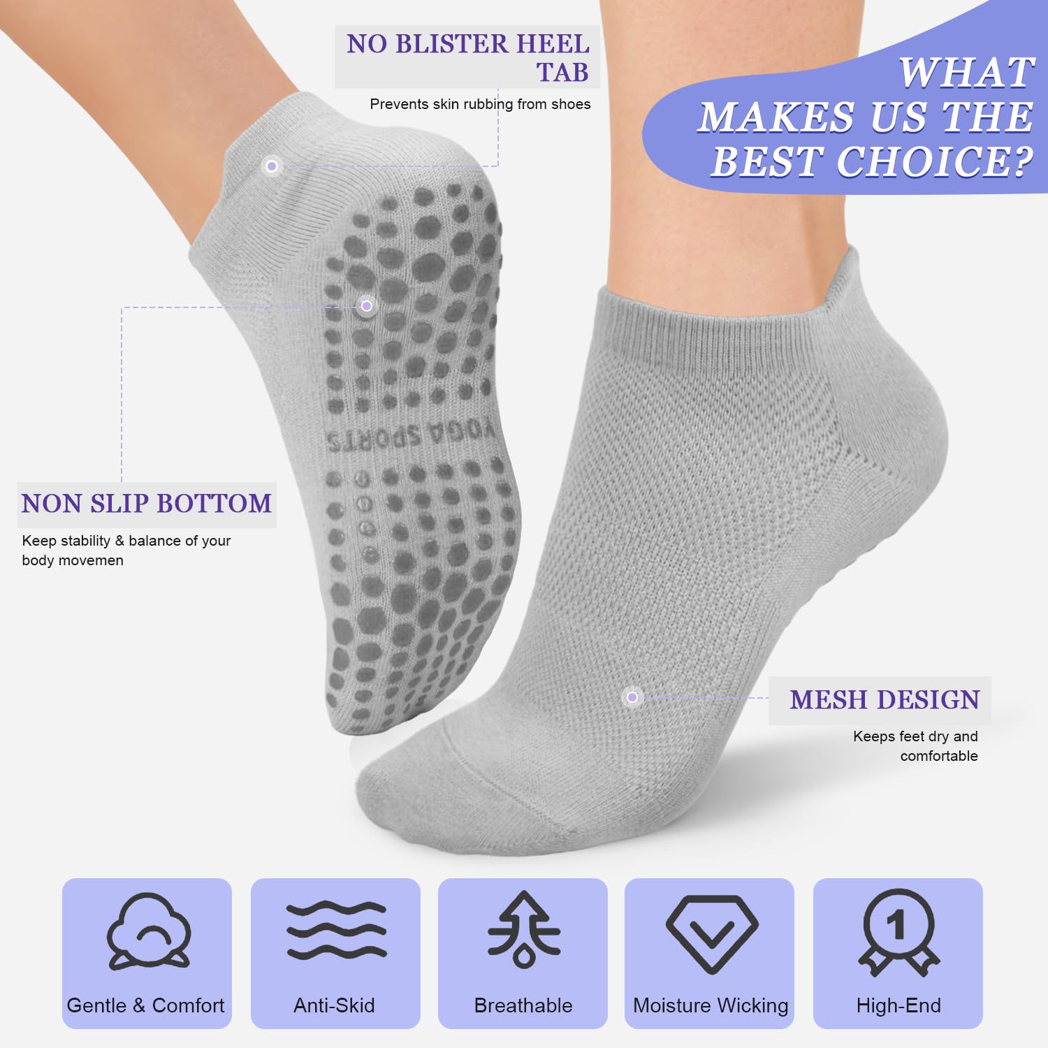 yeuG Grip Socks for Women Non Slip Pilates Socks for Pilates, Ballet, Barre, Barefoot, Hospital Anti Skid Ankle Yoga Socks
