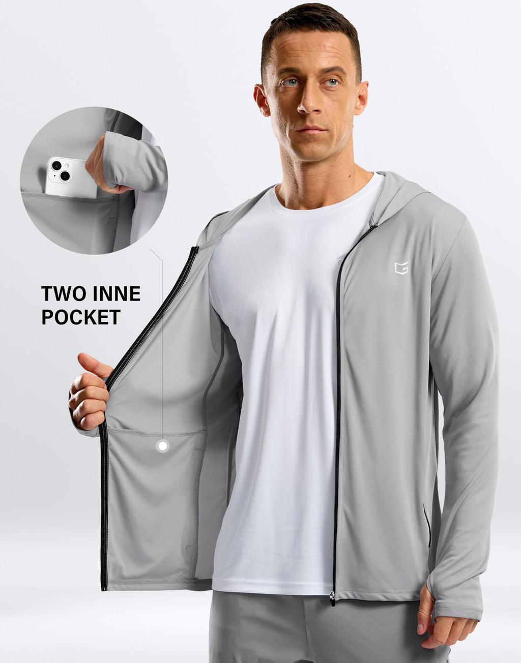 Men's UPF 50+ Sun Protection Hoodie Jacket Lightweight Full Zip Hoodies Long Sleeve Shirts for Men Hiking Fishing(Light Grey,XL)