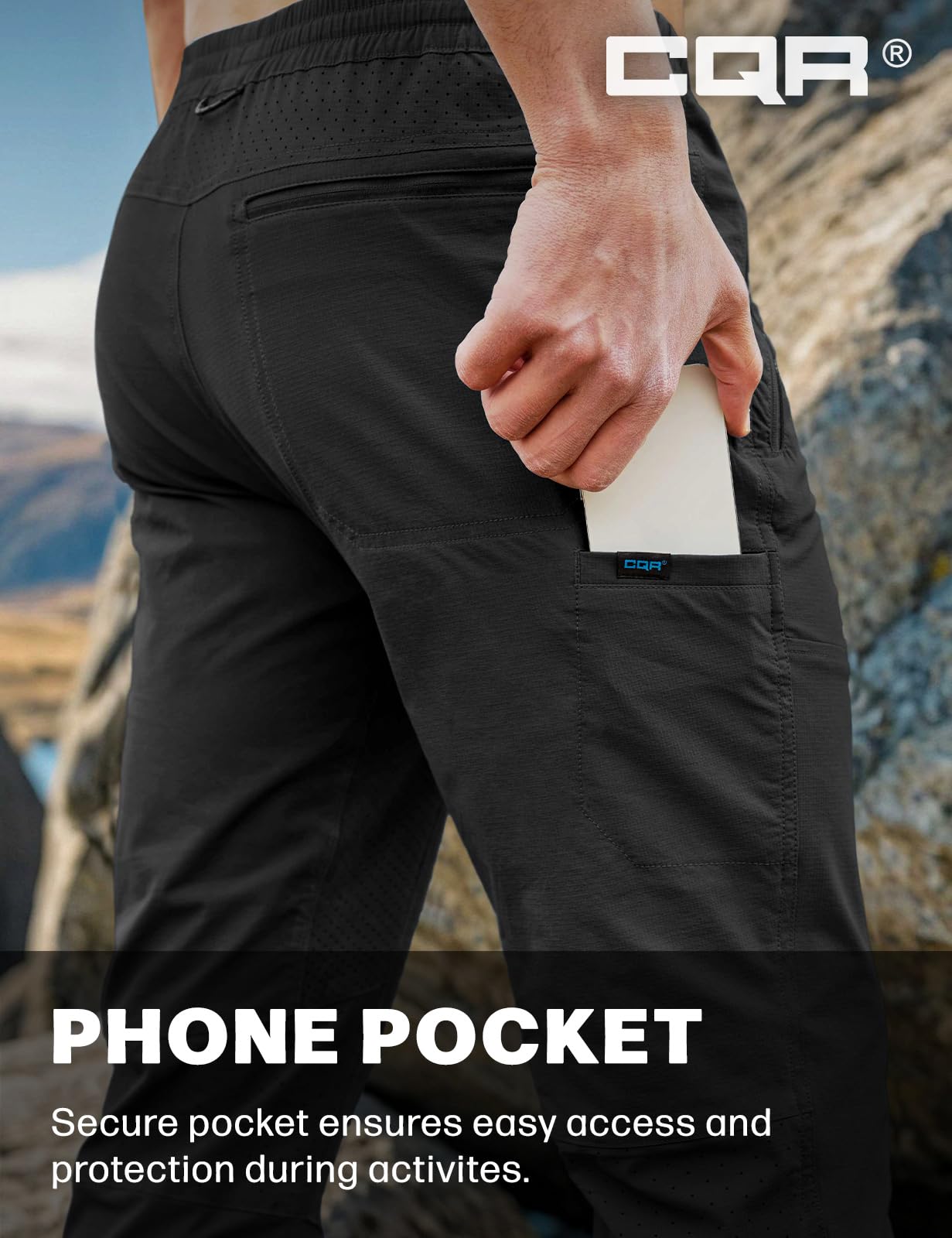 CQR Men's Lightweight Vent Hiking Pants, Water-Resistant & Breathable Sports Outdoor Athletic Pants with Elastic Waist, Ascend Crux Black, 36W x 32L