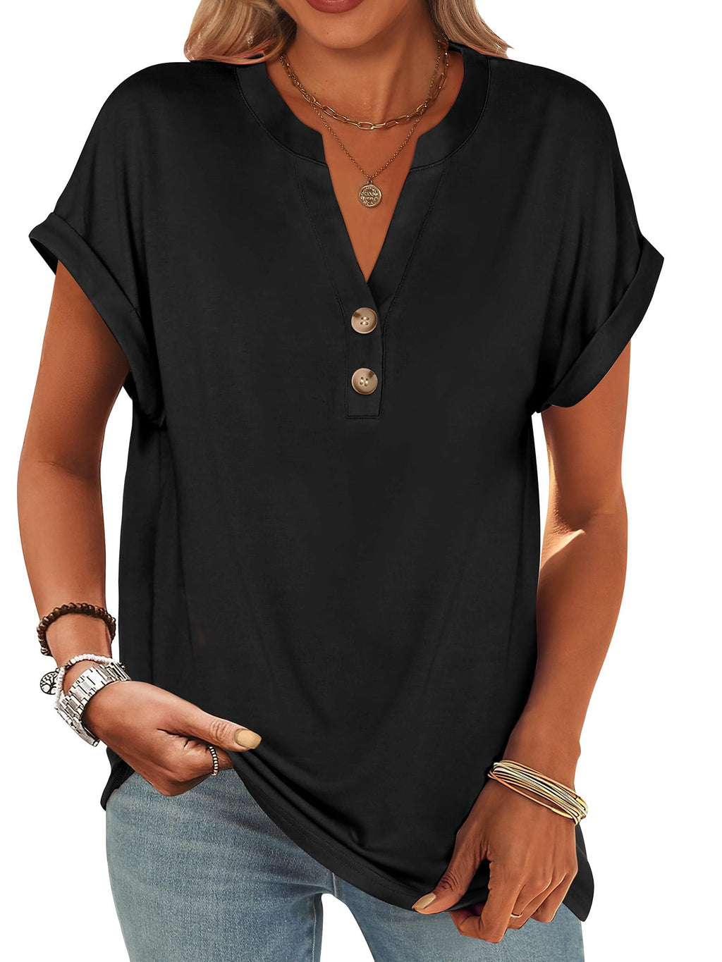 ANRABESS Womens Short Sleeve Henley Tops V Neck Dressy Casual Blouses Summer Trendy Tee Shirts 2025 Vacation Fashion Clothes Black L