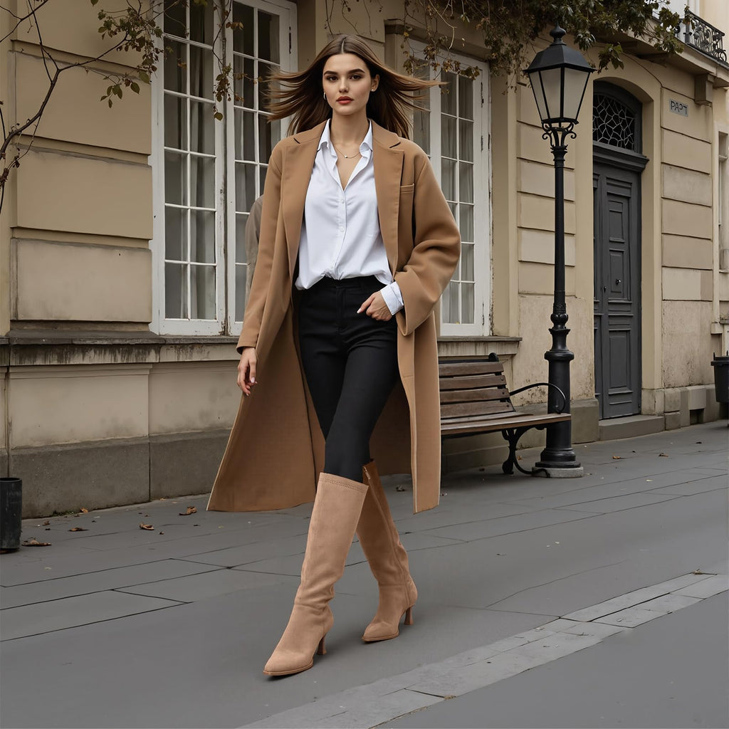 Goiphrri Knee High Boots for Women Elastic Wide Calf Kitten Heel Boots with Side Zipper Suede Brown Pointed Toe Stiletto Boot Shoes Trendy Dress Fall Boot for Women Size 8