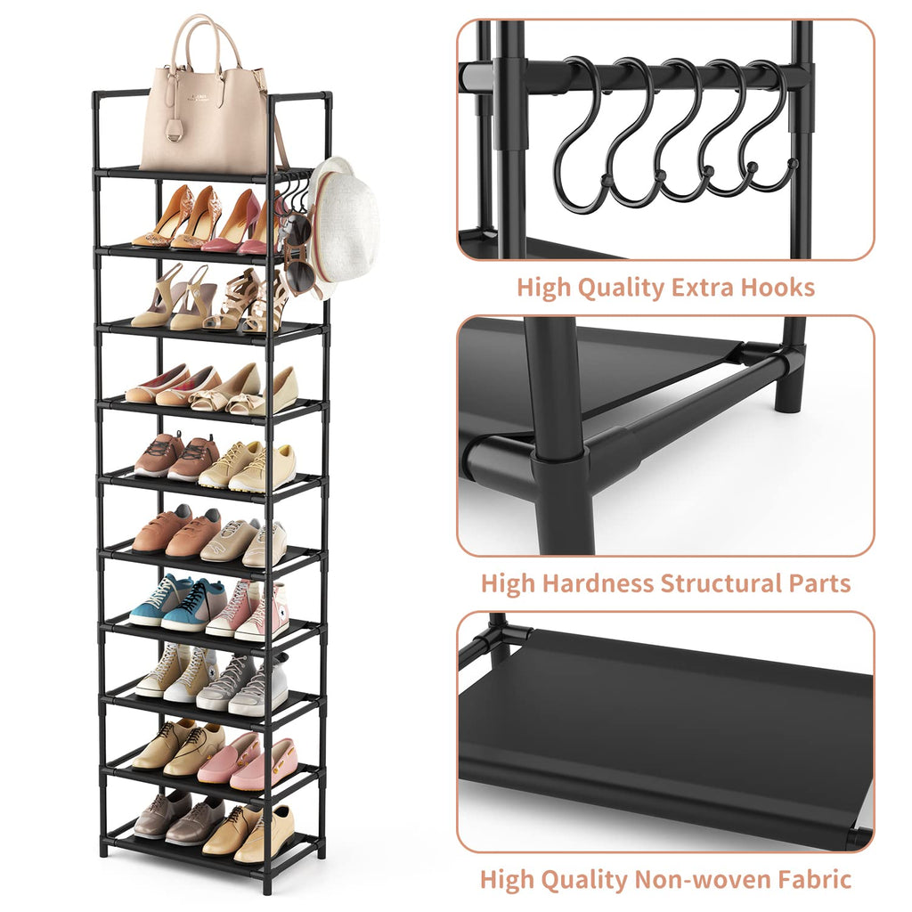 LANTEFUL 10 Tiers Tall Shoe Rack 20-25 Pairs Boots Organizer Storage Sturdy Narrow Shoe Shelf for Entryway, Closets with Hooks, Black