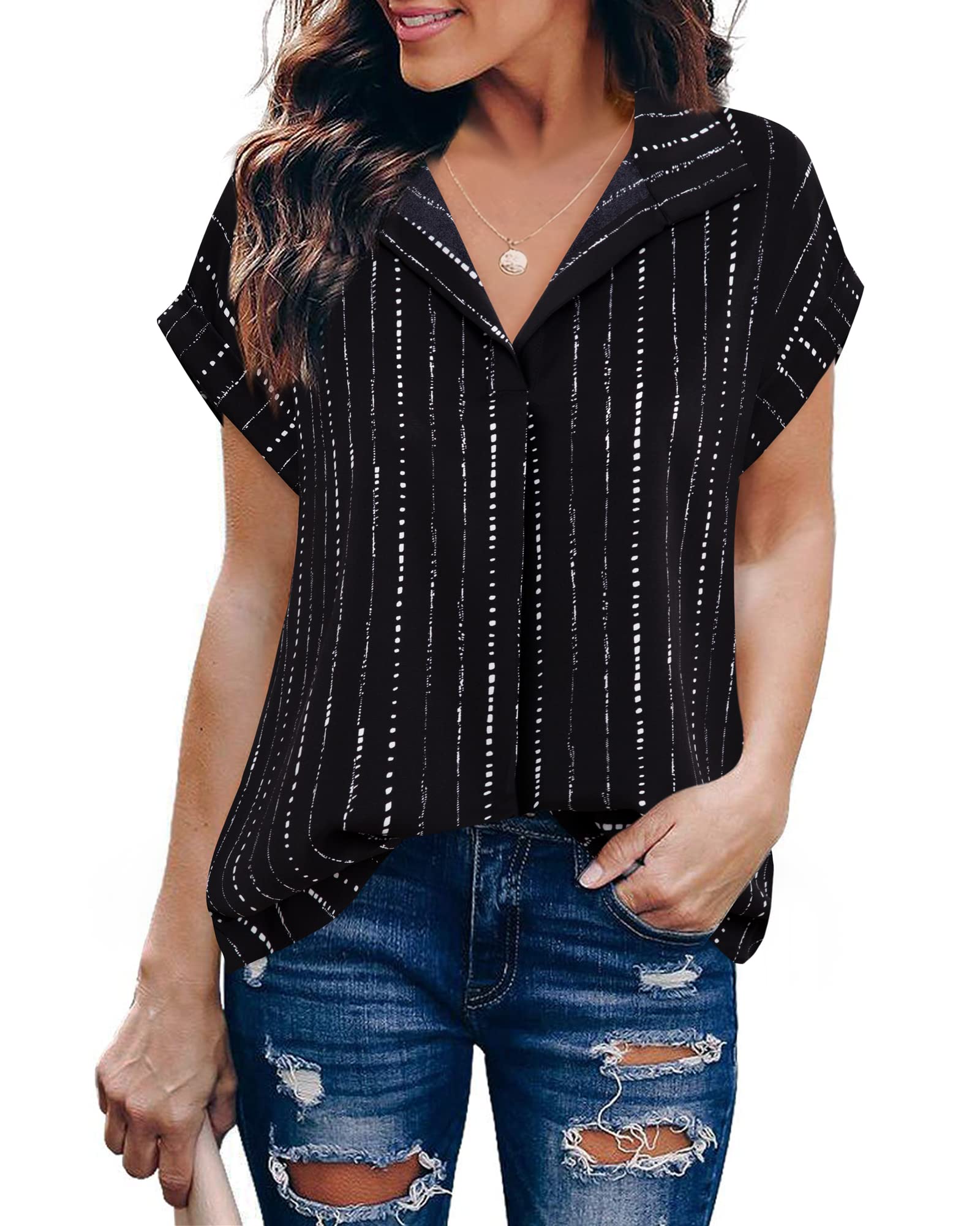 Timeson Summer Tops for Women: Short Sleeve - Black Blouses for Women Ladies Dress Shirts V Neck Chiffon Business Casual Tops Work Attire Office No Iron Professional Interview Outfits Black Stripe L
