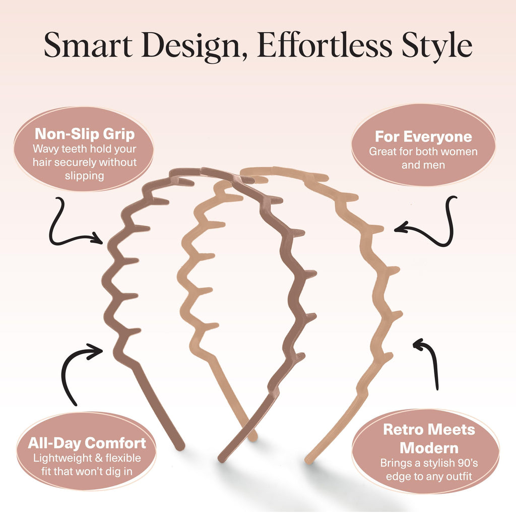 Kitsch Zig Zag Headbands, Recycled Plastic Wavy Hair Band with Teeth, Comb Headbands for Women and Men, Classic 90s Hair Accessories, 2pcs (Neutral)