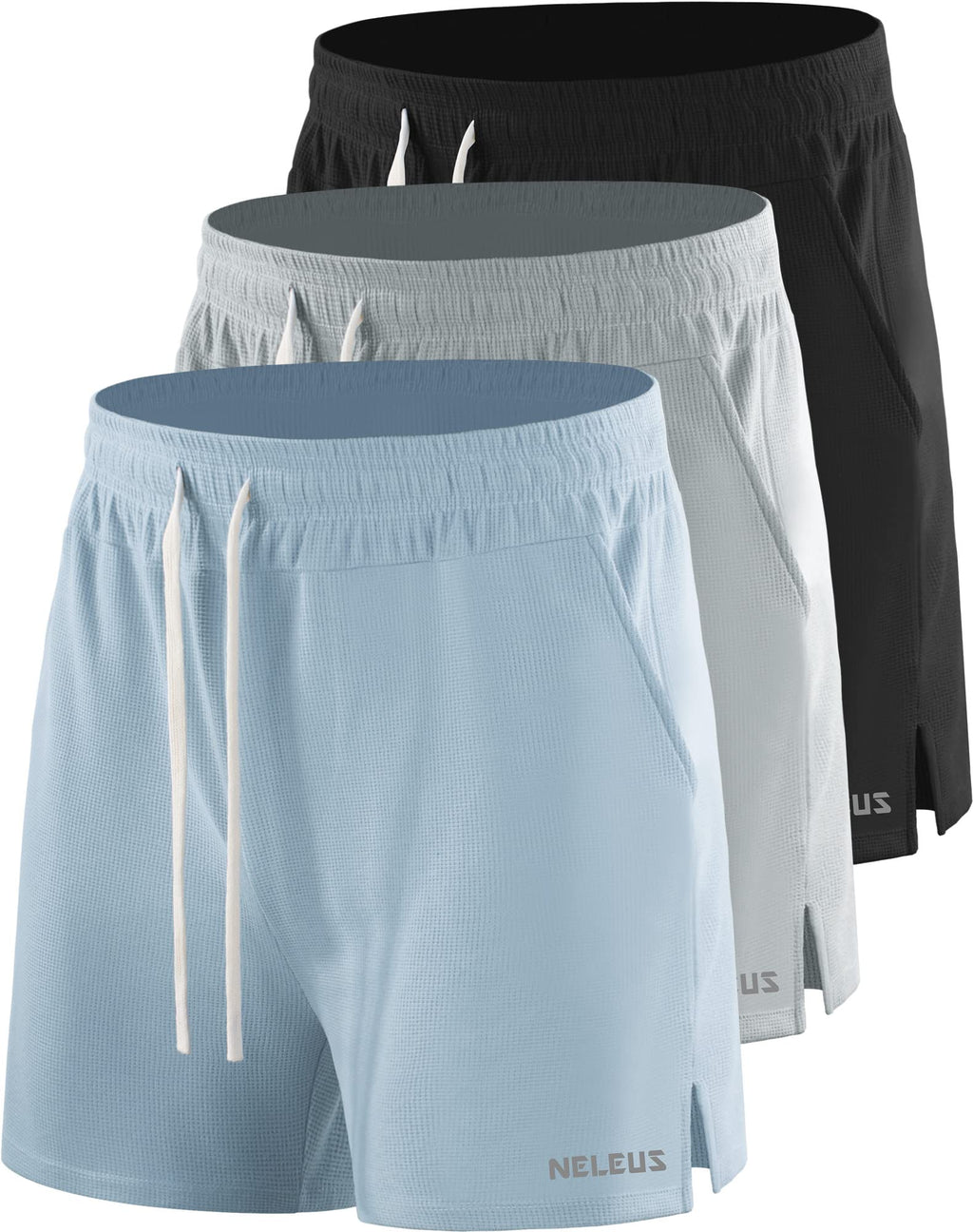 NELEUS Men's 3 Pack Running Shorts with Pockets,3D Honeycomb Thick Fabric,6112, Black/Light Grey/Light Blue,XL
