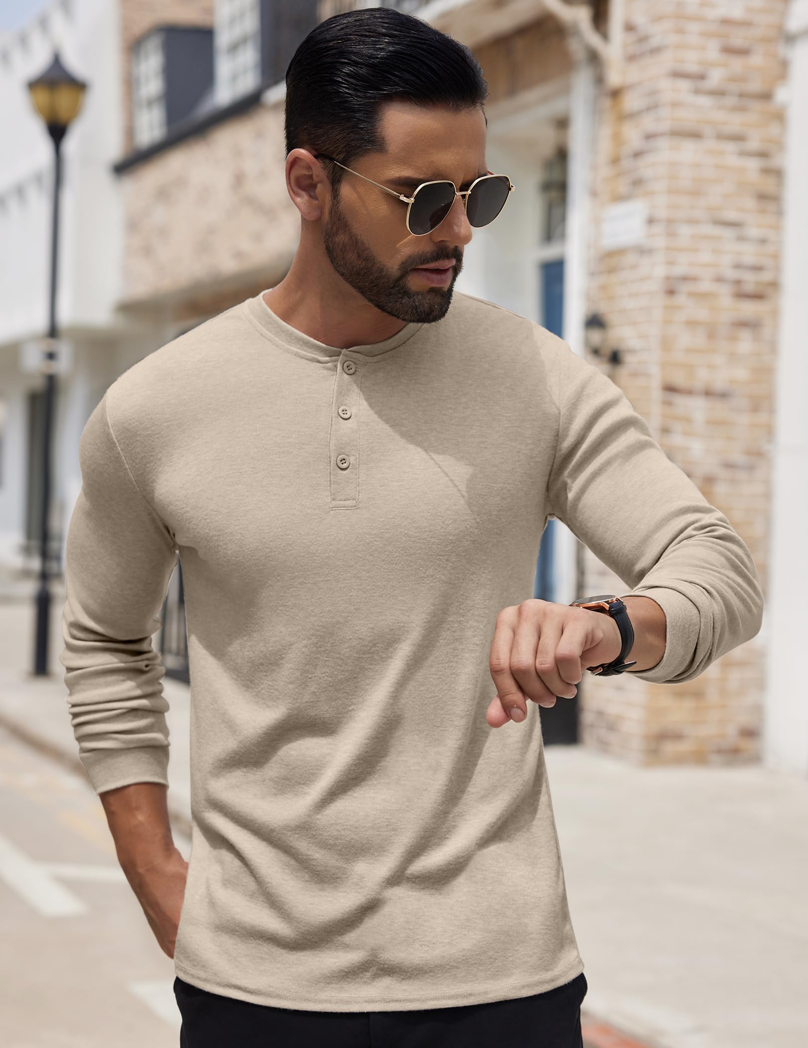 COOFANDY Men's Henley Shirts Long Sleeve Basic Pullover Shirt Lightweight Casual Button T-Shirts Heather Khaki
