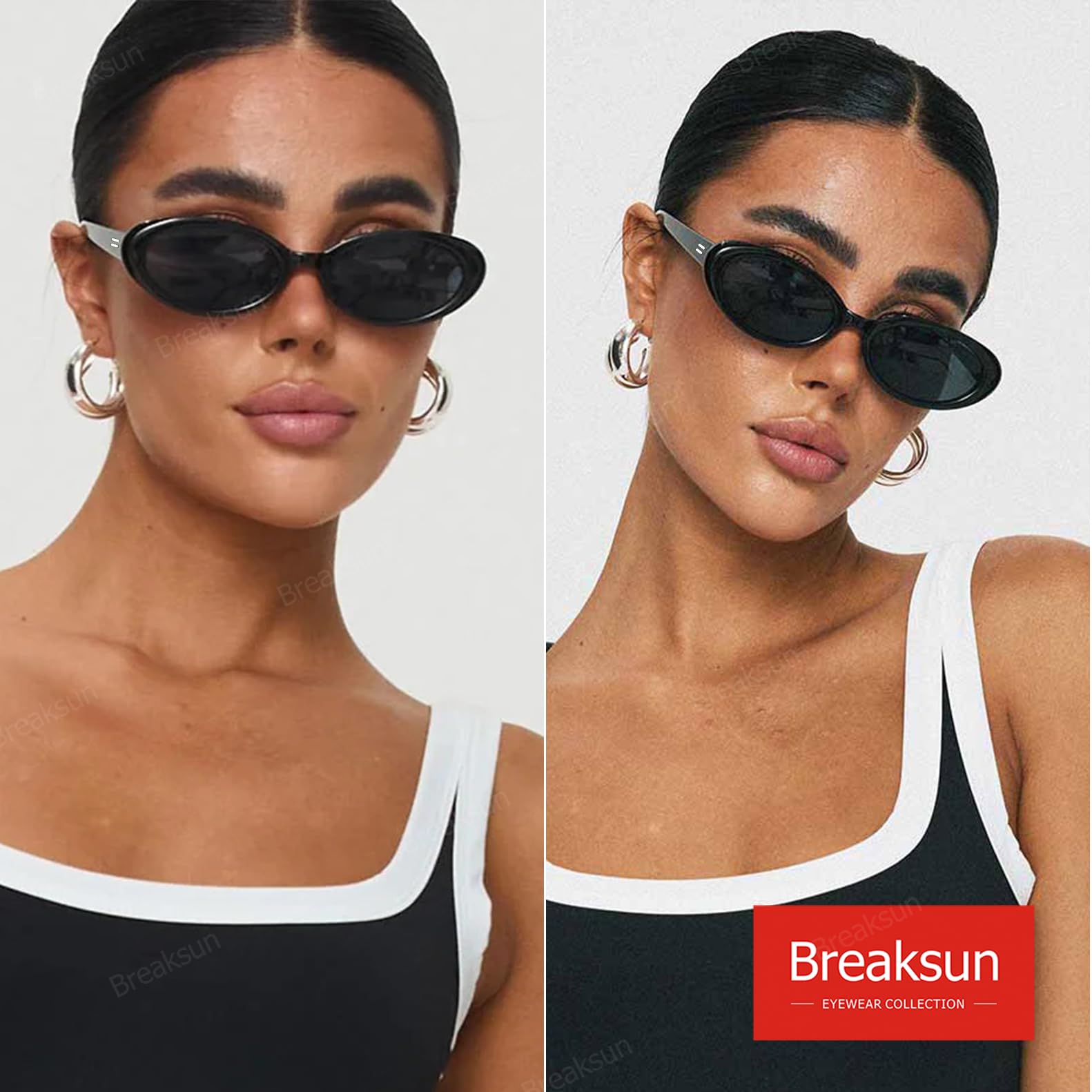 Breaksun Retro Oval Sunglasses for Women Men Fashion Small Oval Sunglasses 90s Vintage Shades (Black/Grey+ Leopard/G15)