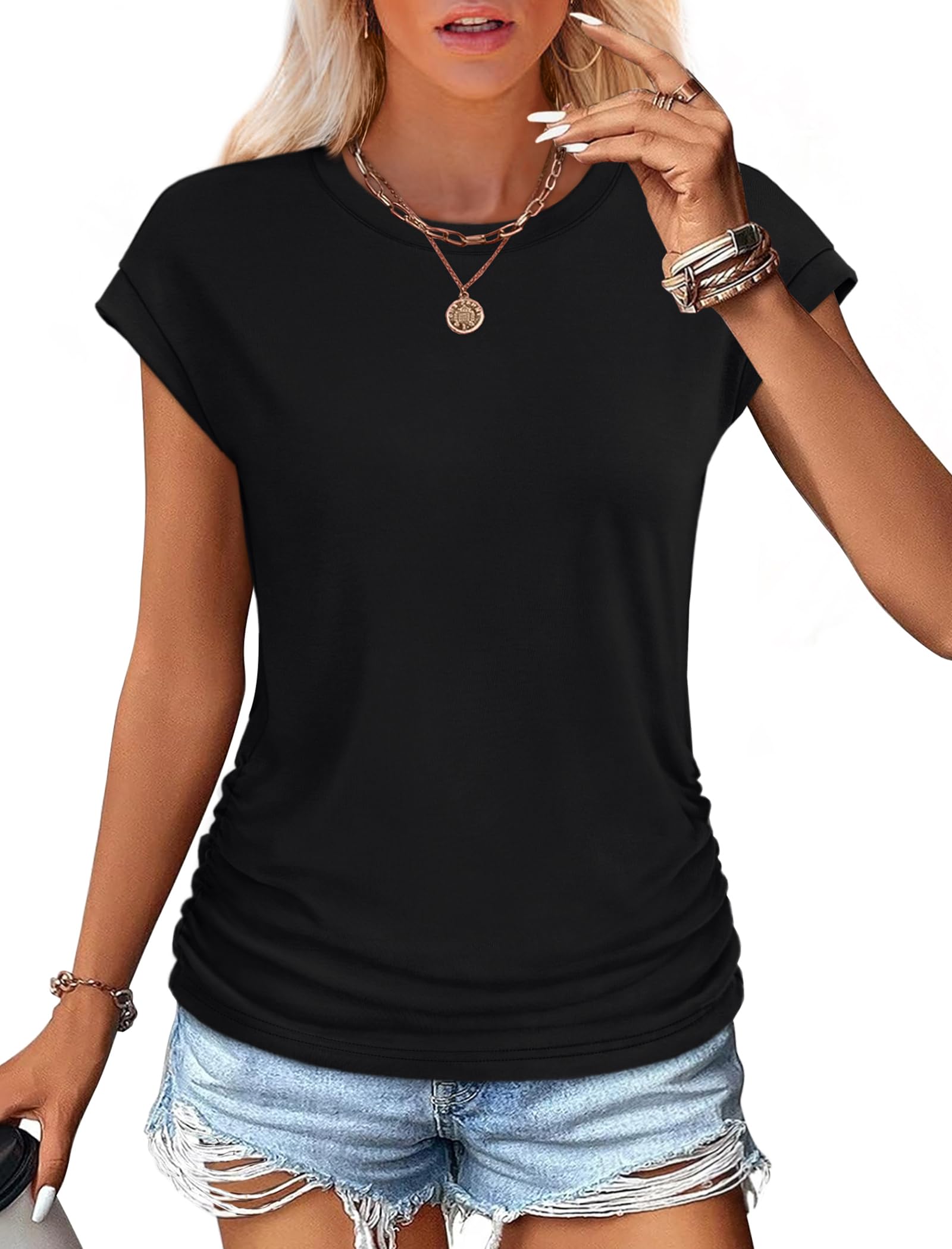 Womens Summer Tops Short Sleeve Shirts for Women Crew Neck T Shirts Trendy Clothes 2025 Resort Wear Spring Outfits Black M