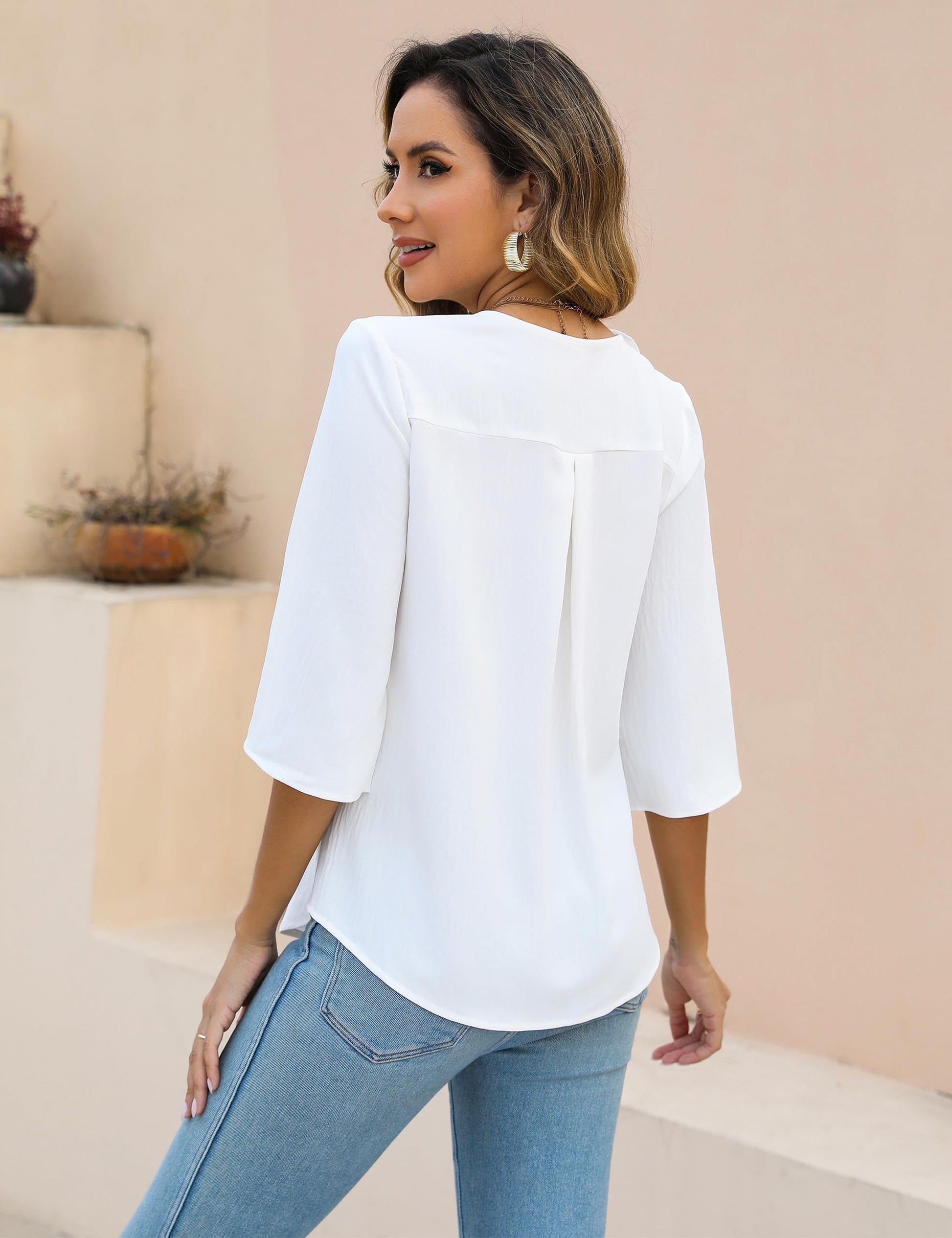 Blooming Jelly Womens Dressy Casual Blouses 3/4 Sleeve V Neck Ruffle Tops Business Ladies Summer 2025 Trendy Work Shirt (Medium, Ivory White)