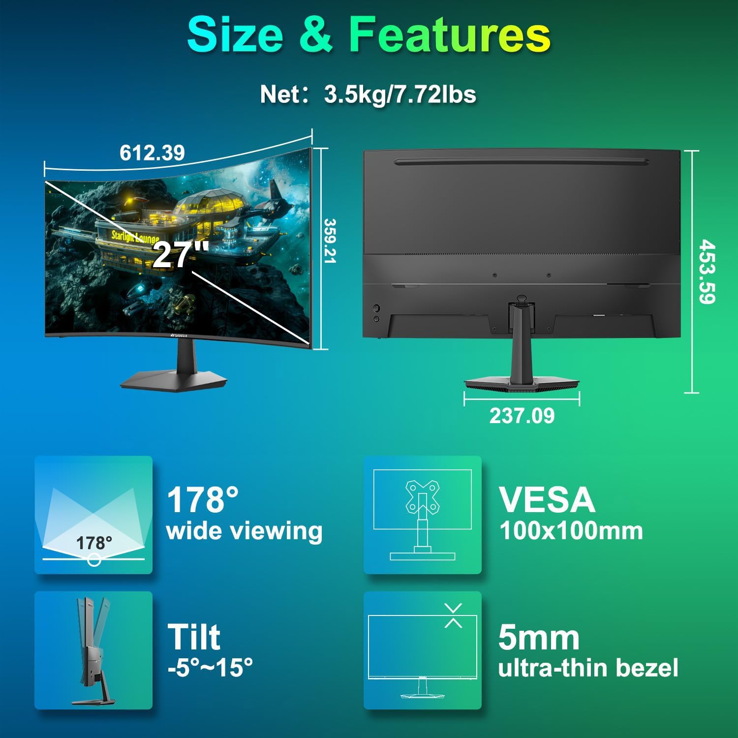 SANSUI Curved Monitor 27 inch 100Hz USB Type-C Computer Monitor with Speakers Built in丨FHD 1080p丨HDR丨110% sRGB丨1500R丨VESA Compatible,for Tablet,Desktop,Laptop and PC Work Gaming