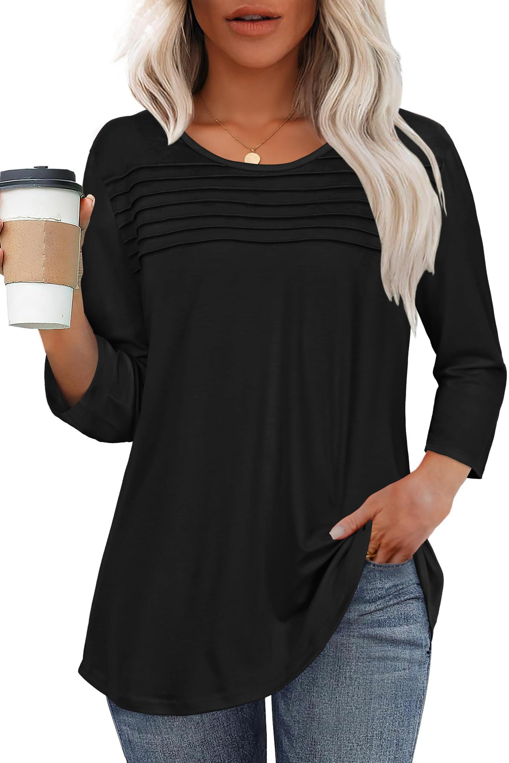 rosemia 3/4 Length Sleeve Womens Tops Crewneck Casual Blouses Dressy Pleated Front Loose Fit T Shirts, Black Color, XL