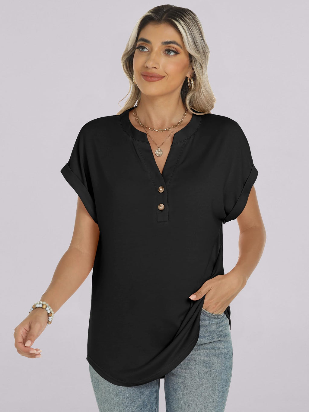 ANRABESS Womens Short Sleeve Henley Tops V Neck Dressy Casual Blouses Summer Trendy Tee Shirts 2025 Vacation Fashion Clothes Black L
