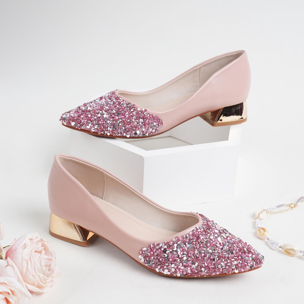 YQRUIMIAO Pink Women's Pumps, Closed Toe Chunky Heels for Women, Comfortable Work Pumps Shoes, Pointed Toe Rhinestones Dress Wedding Pumps for Women Size - 9