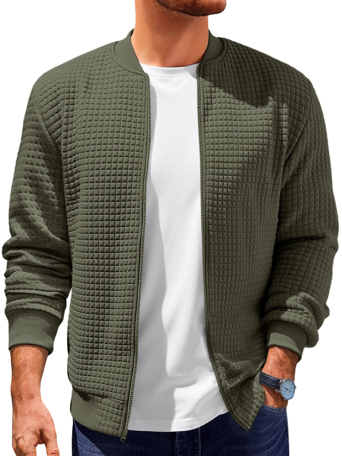 Runcati Mens Bomber Jacket Casual Lightweight Varsity Jackets Waffle Full Zip Coat