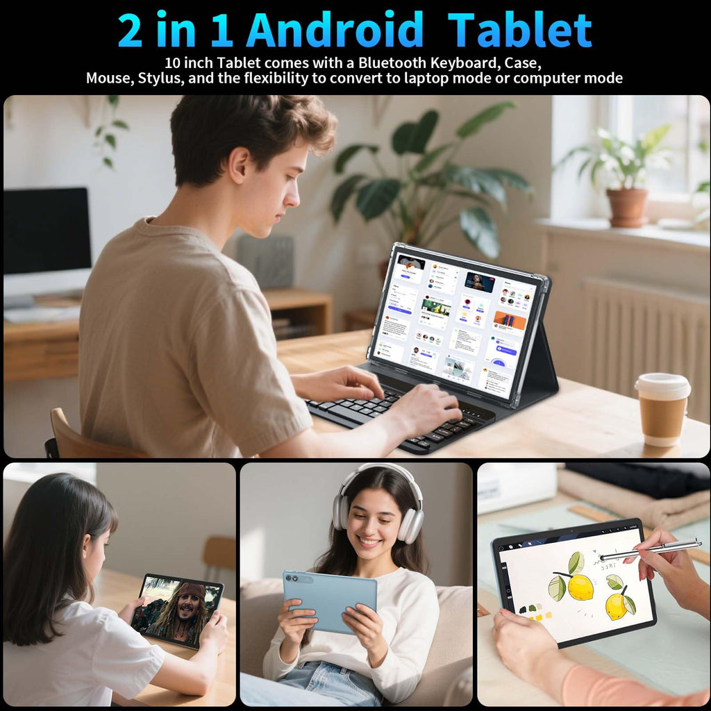 Relndoo 2025 Android 15 Tablet with Keyboard, 24GB+128GB+2TB Expand, 10.1 Inch Octa-Core 2-in-1 Tablets with 5G/2.4G WiFi, 8000mAh, BT5.0, GMS Certified, with Mouse, Case, Stylus, Split Screen(Black)