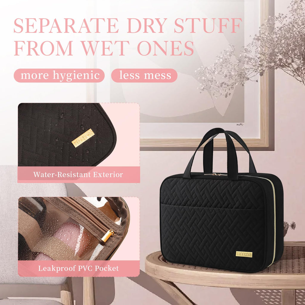 HOTOR Travel Toiletry Bag w/Hanging Hook - Spacious Toiletry Bag Essentials for Women & Men, Makeup Bag/Big Comparment, Waterproof for Travel Accessories, Medium, Black