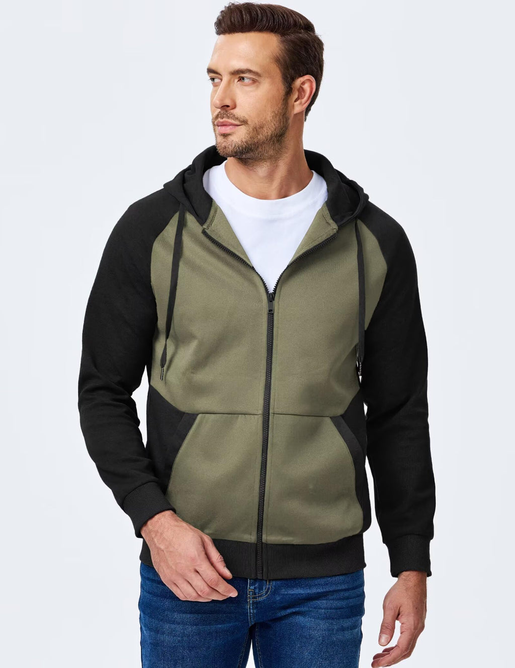 Dokotoo Men Mens Full Zip Hoodie Casual Long Sleeve Drawstring Zipper Hoodies Fall Winter Jackets Coats Color Block Lightweight Comfort Fashion Sweatshirts With Pocket Green X-Large