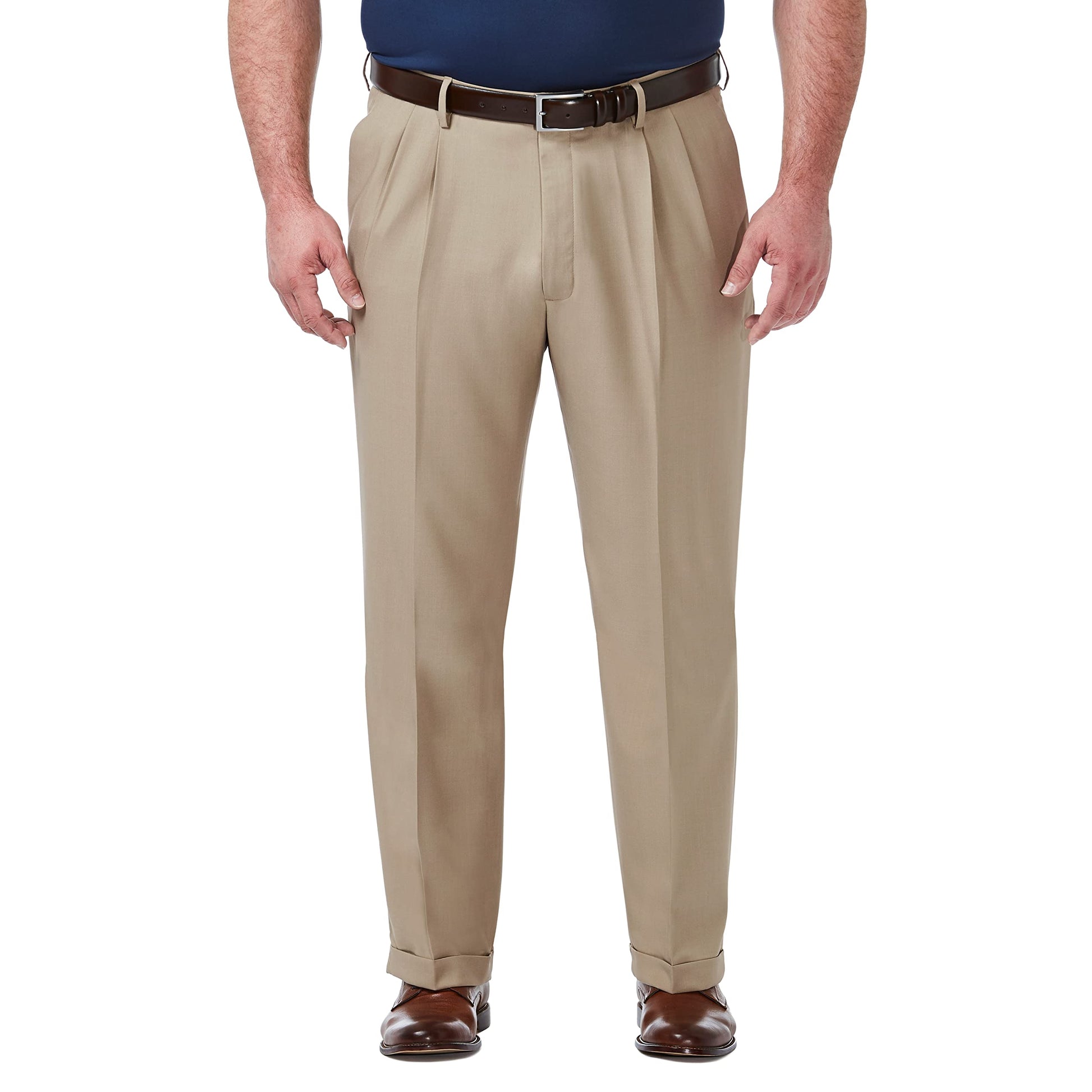 Haggar Men's Premium Comfort Classic Fit Pleat Front Pant Reg. and Big & Tall Sizes, Medium Khaki Bt, 50W x 29L