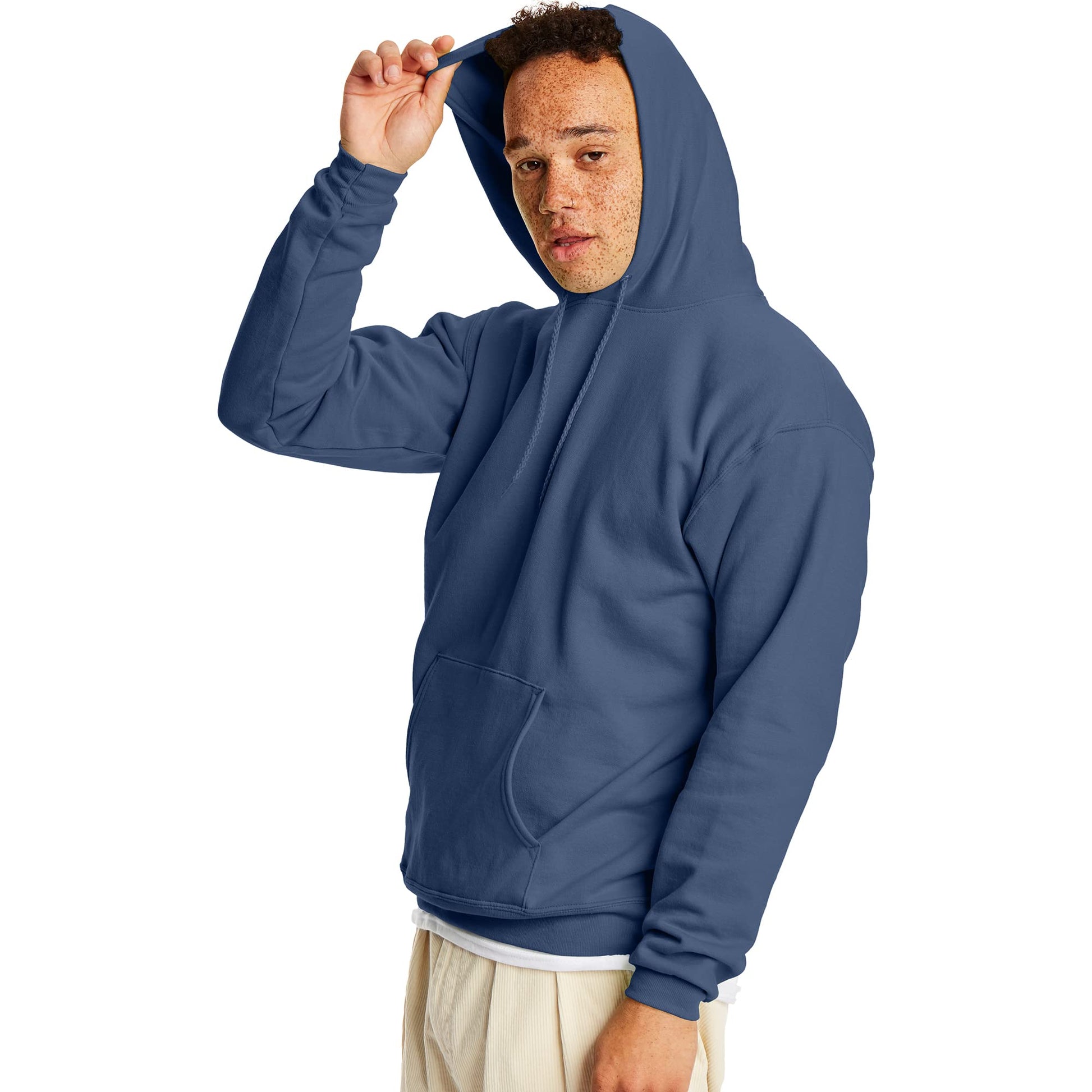 Hanes Men's Pullover EcoSmart Hooded Sweatshirt, denim blue, Large