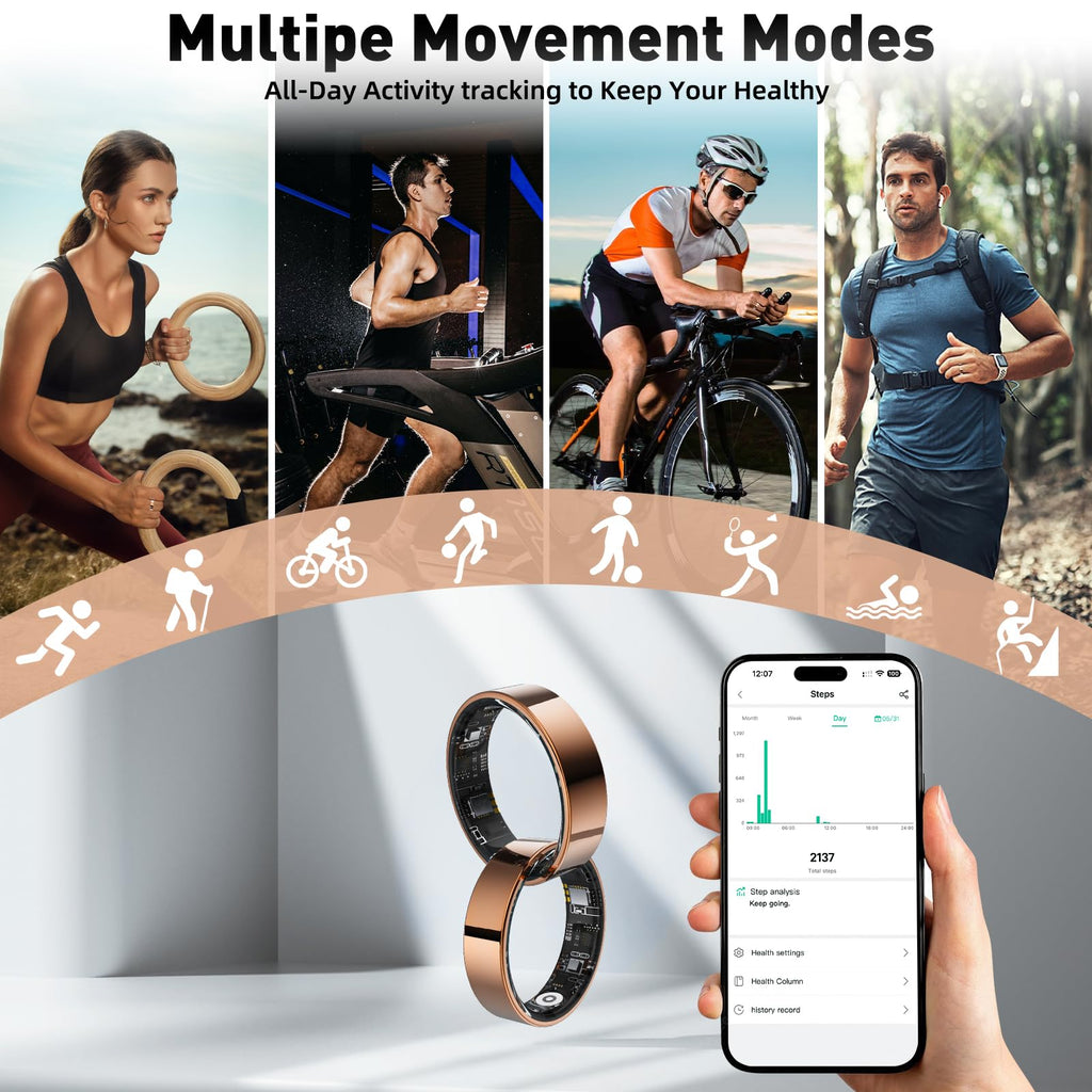 SARUNN ER Smart Ring with Sleep Monitoring, Step Counting, Heart Rate, Blood Oxygen, Blood Pressure for iPhone and Android, No Subscription Fee, IP68 Waterproof Health Tracker (Rose Gold, 10)