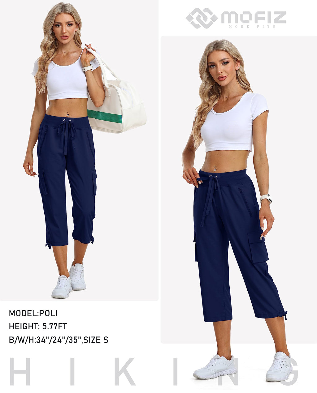 MoFiz Women's Hiking Capris Pants Lightweight Quick Dry Athletic Casual Outdoor Cargo Pants for Women Navy M