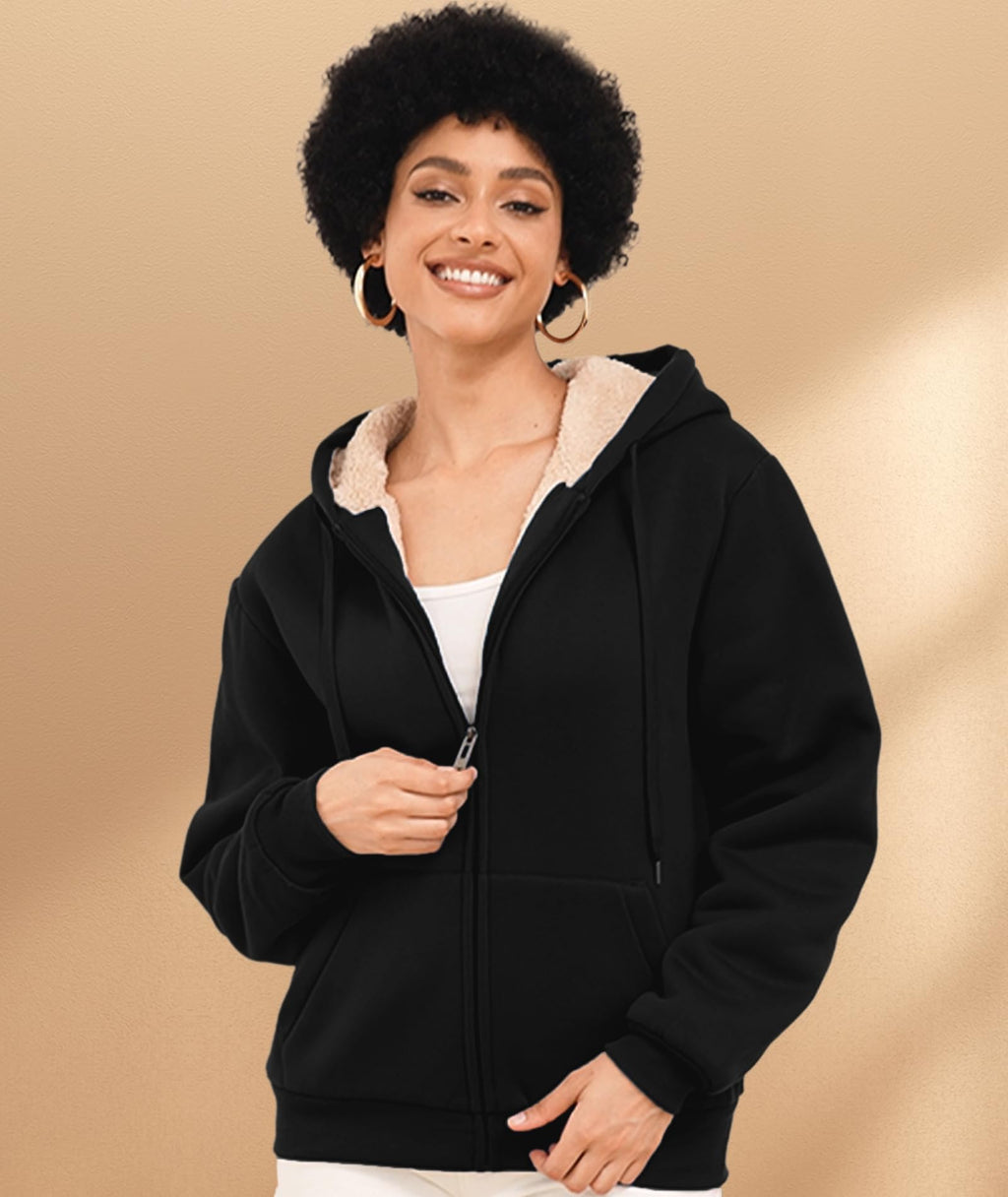 SWISSWELL Hoodies for Women Winter Fleece Sweatshirt - Full Zip Up Thick Sherpa Lined Hooded Jacket Black Medium