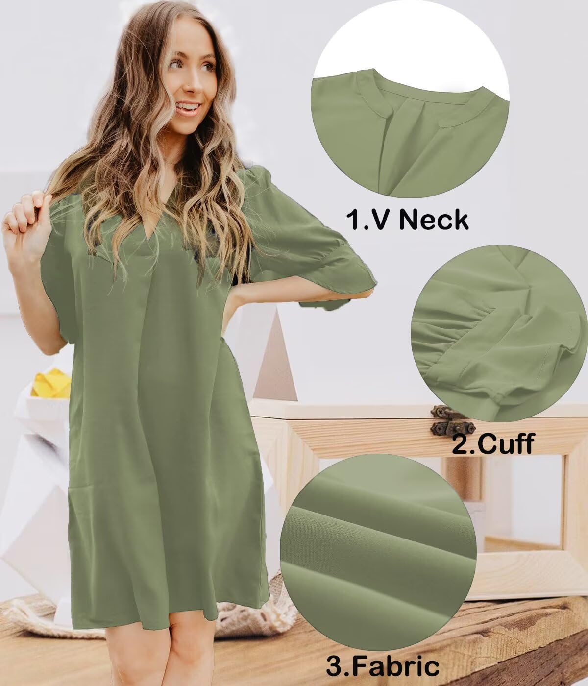 Wkior Short Sleeve Dress for Women V Neck Casual Loose Flowy Swing Shift Dresses Light Green XL