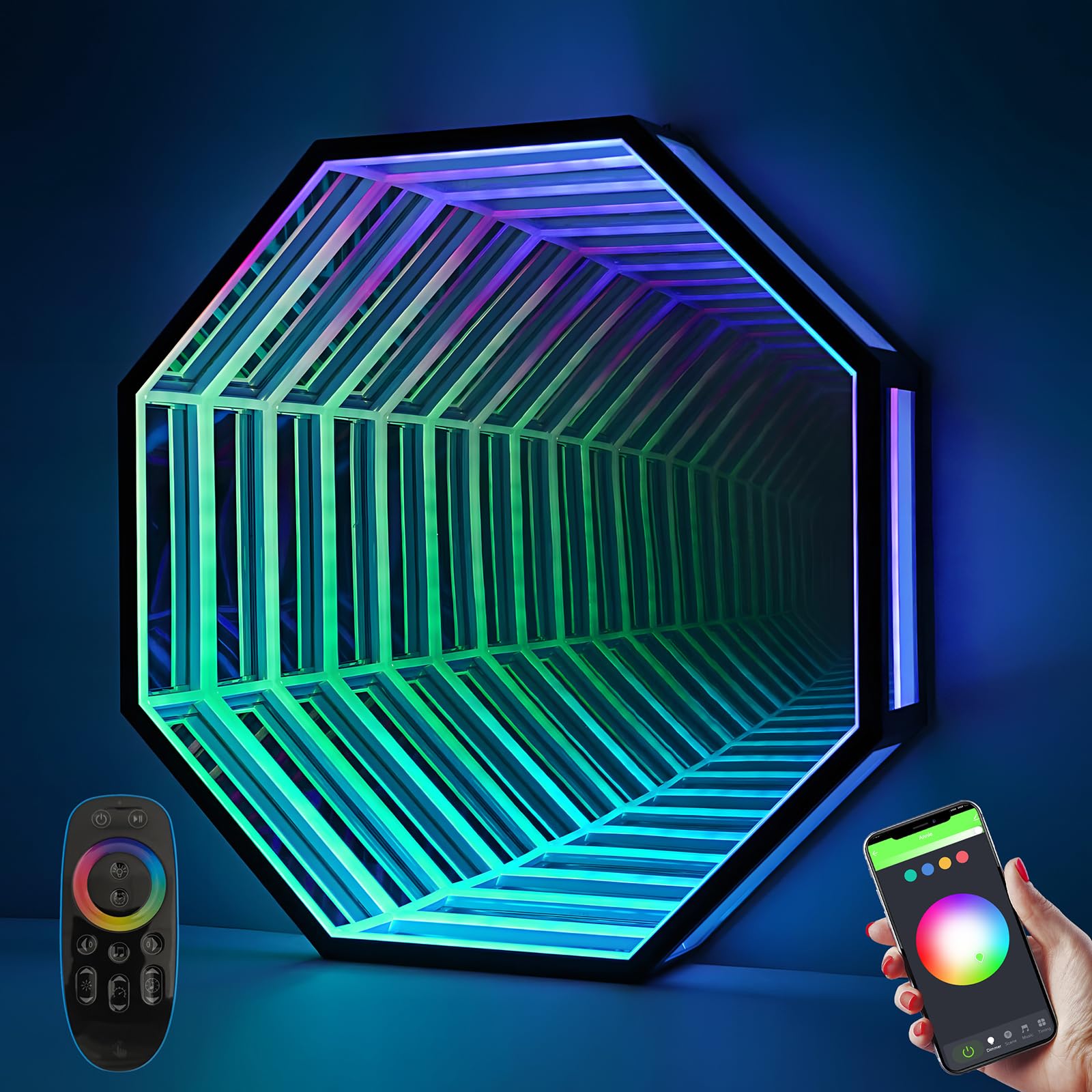 XQDUPDA 3D LED Infinity Mirror Light – Multicolor Tunnel Lamp with Smart APP & Remote Control, Cool RGB Art Light for Home Decor, Bedroom, Living Room, Party, Bar & Gaming (Octagon-19.7 in/50 CM)