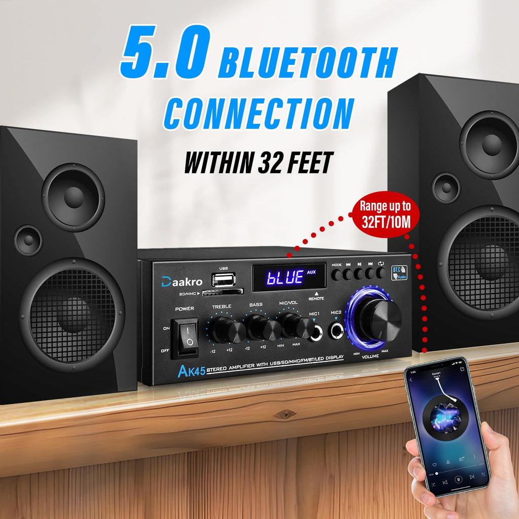 Daakro AK45 Stereo Audio Amplifier,300W Home 2 Channel Wireless Bluetooth 5.0 Power Amplifier System, Home Amplifiers FM Radio, USB, SD Card, with Remote Control Home Theater Audio Stereo System