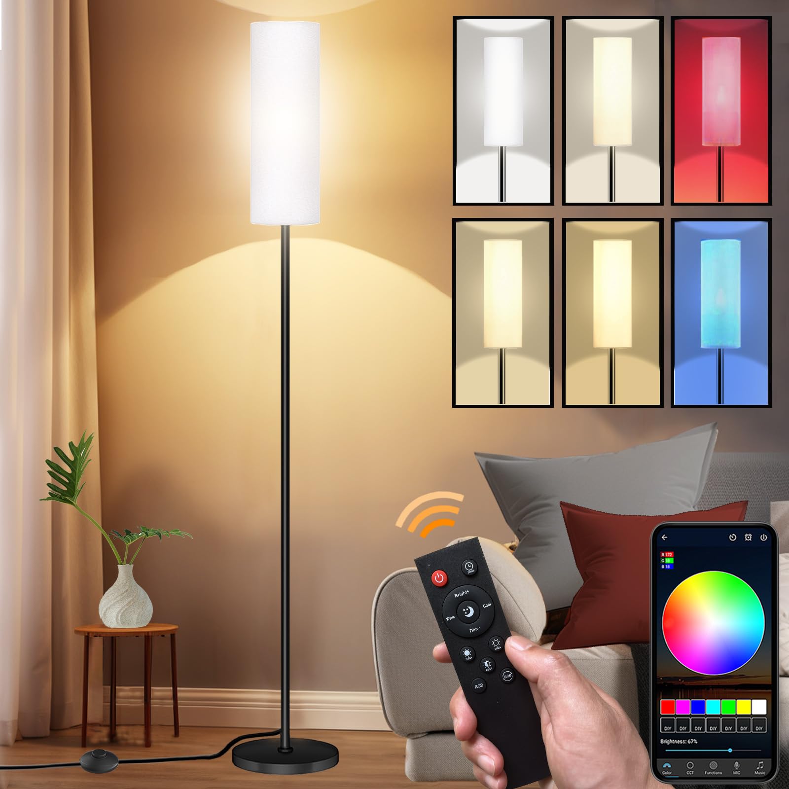 Qaubauyt Smart LED Floor Lamp with APP Control & RGB Colors - Dimmable Standing Lamp for Living Room, Bedroom, Gaming - Remote, Timer, 9W Bulb Included, 67" Modern Tall Lamp (White)