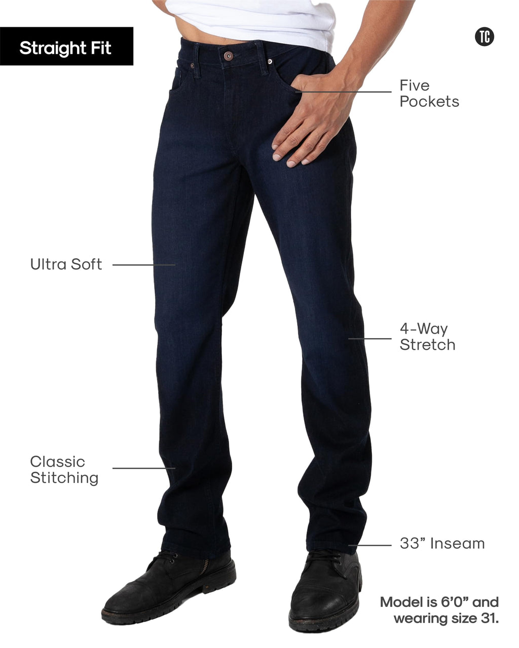 True Classic Mens Jeans – Stretch Jeans for Men, Straight Fit Men’s Stretch Jean, Straight Leg, High-Stretch - Indigo, 38W X 32L