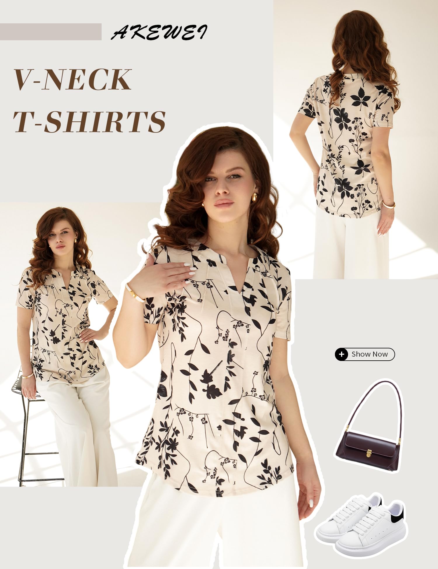 AKEWEI Short Sleeve Blouses for Women Casual V Neck Tops Pleated Summer Shirts Apricot Black Floral M