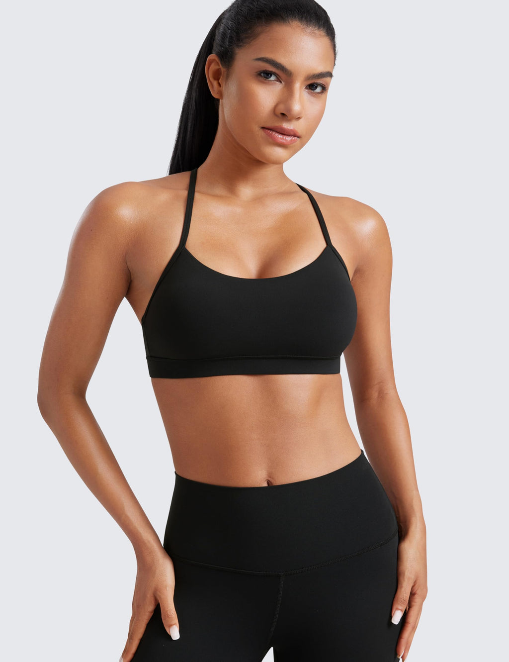 CRZ YOGA Butterluxe Womens Y Back Sports Bra - Padded Racerback Low Impact Spaghetti Thin Strap Workout Yoga Top Black Medium